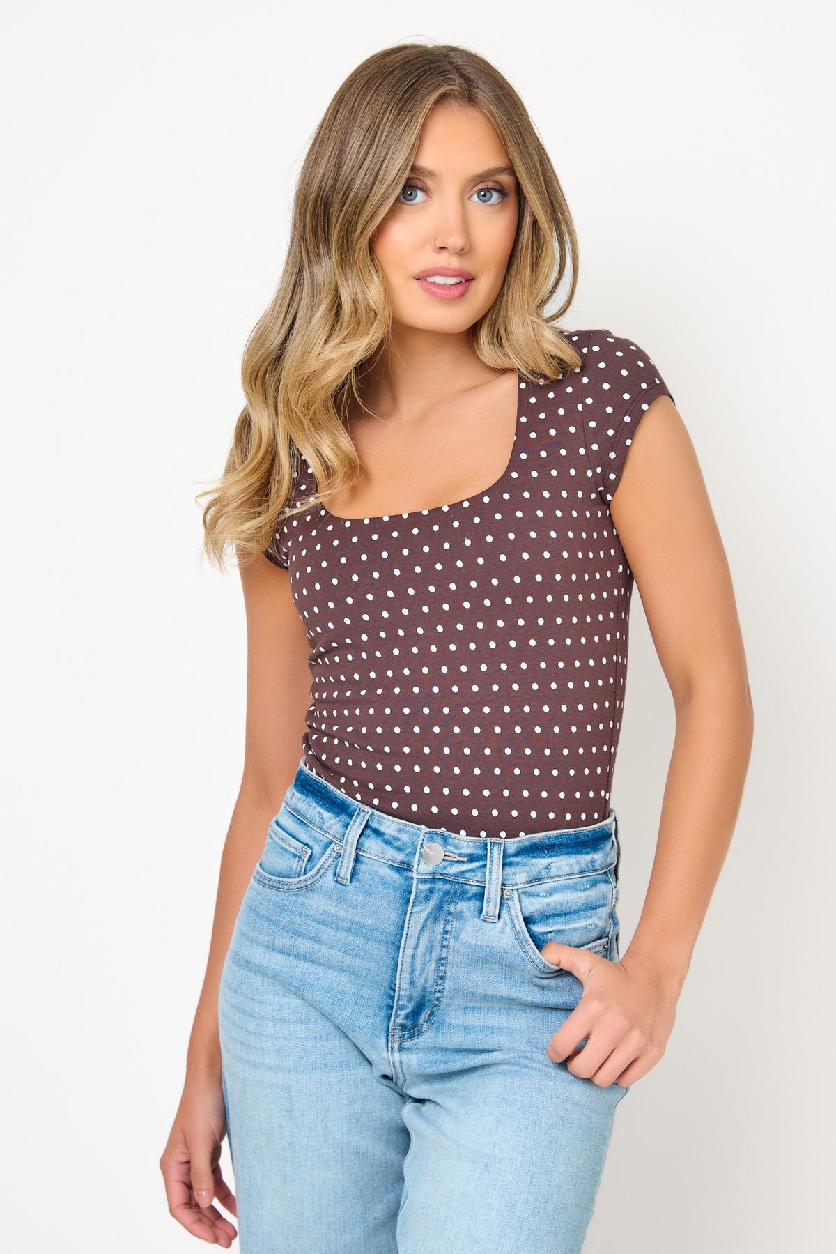 Polka Dot Square Neck Cap Sleeve Tee