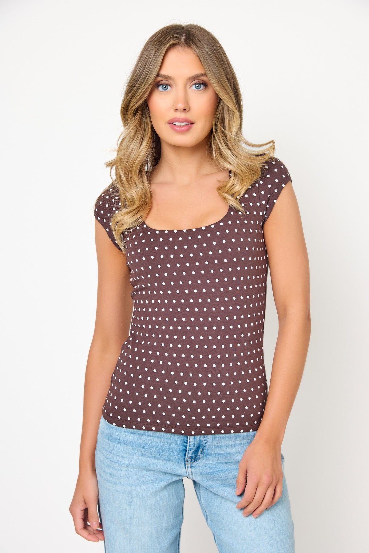 Polka Dot Square Neck Cap Sleeve Tee