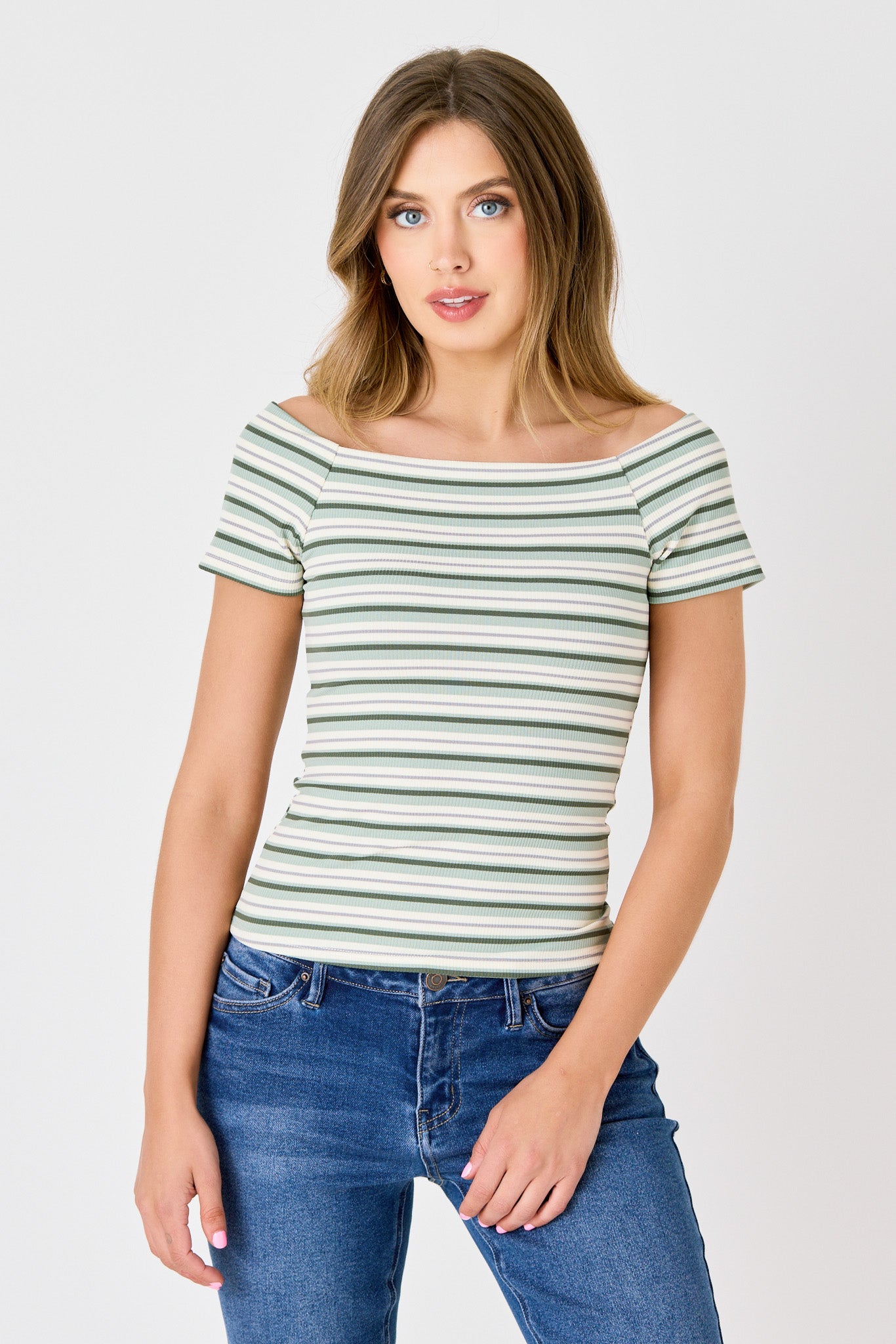 Stripe rib off shoulder tee