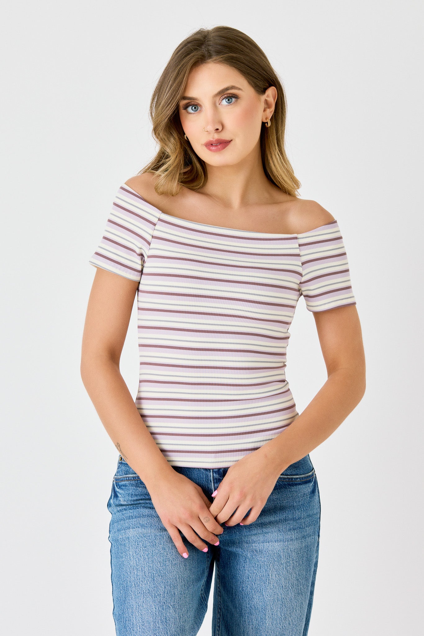 Stripe rib off shoulder tee