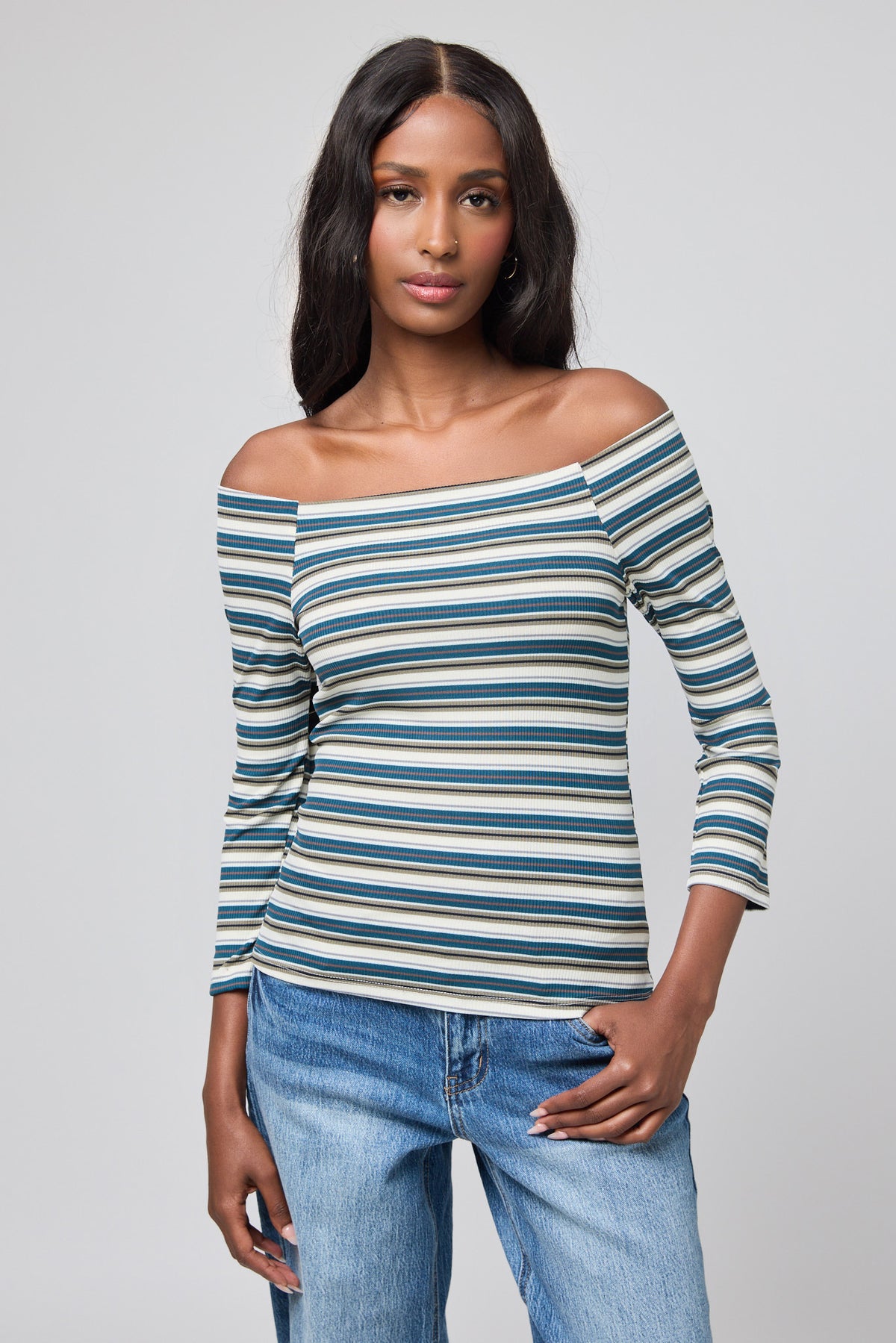 Striped Rib Off-The-Shoulder 3/4 Sleeve Tee