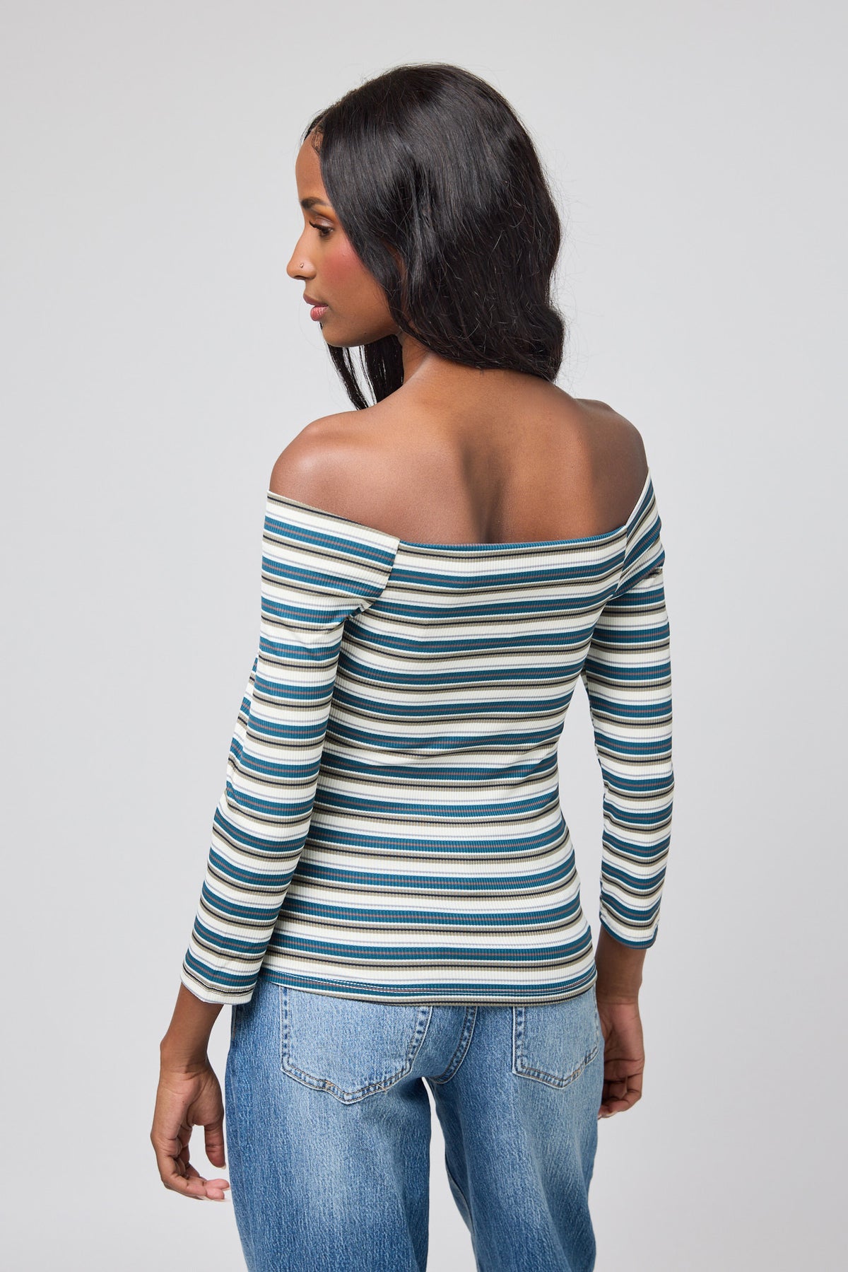 Striped Rib Off-The-Shoulder 3/4 Sleeve Tee