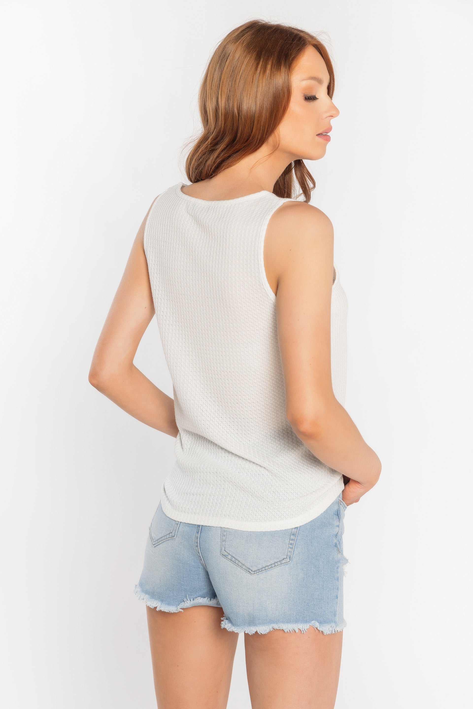 Waffle Sleeveless Tank with Tie-Front