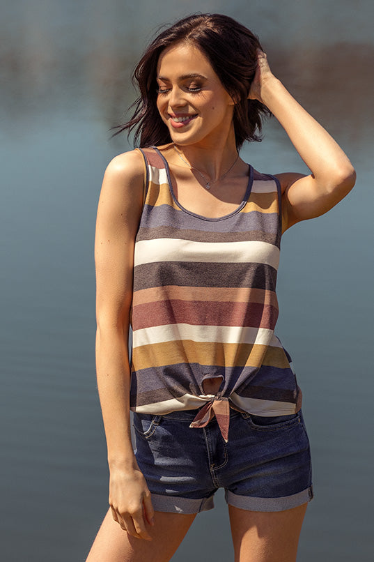 Stripe Sleeveless Top with Tie-Front