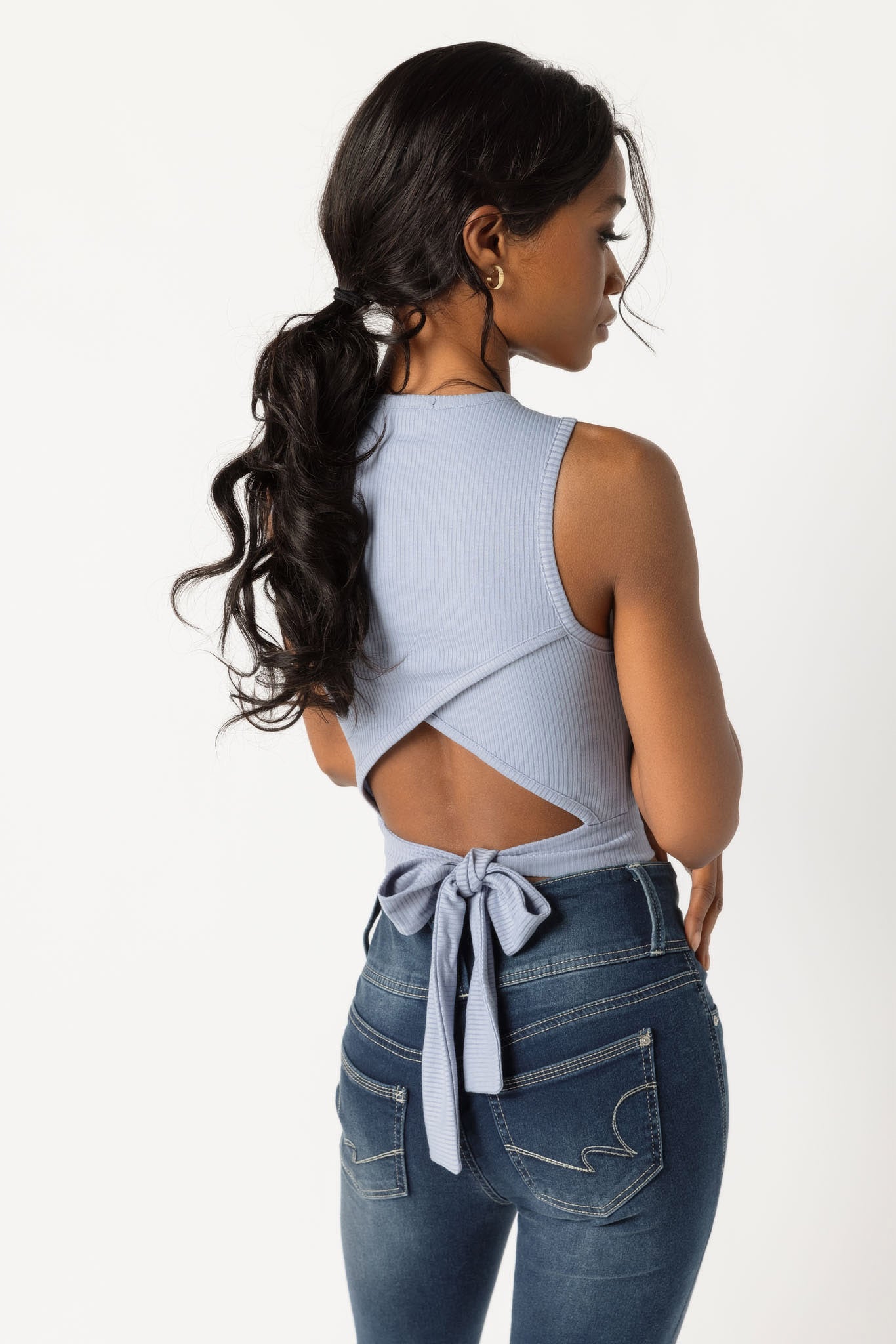 Ribbed Sleeveless Crop Top with Open Tie-Back