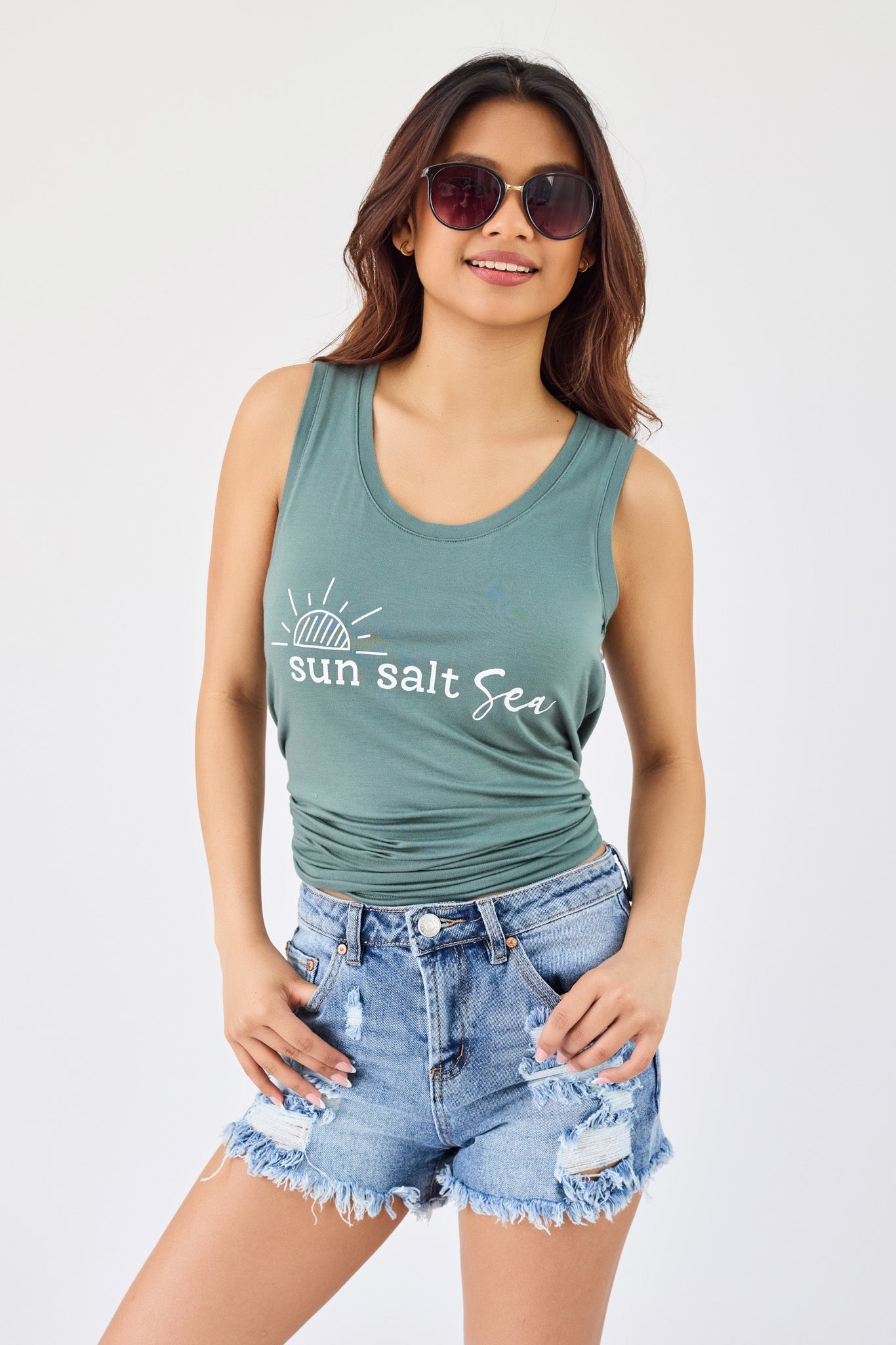 "Sun Salt Sea" Sleeveless Scoop-Neck Tank with Shirttail Hem