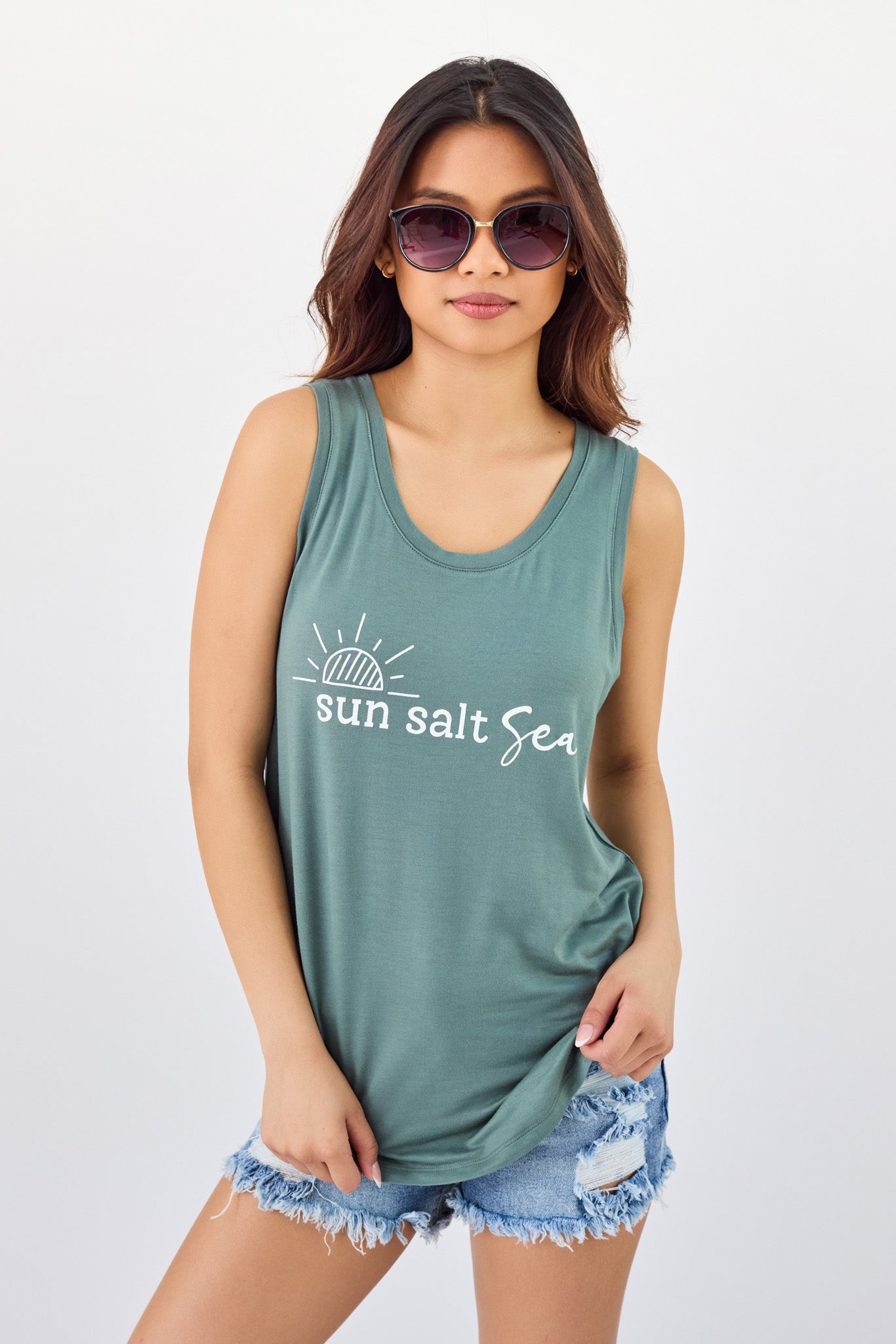 "Sun Salt Sea" Sleeveless Scoop-Neck Tank with Shirttail Hem