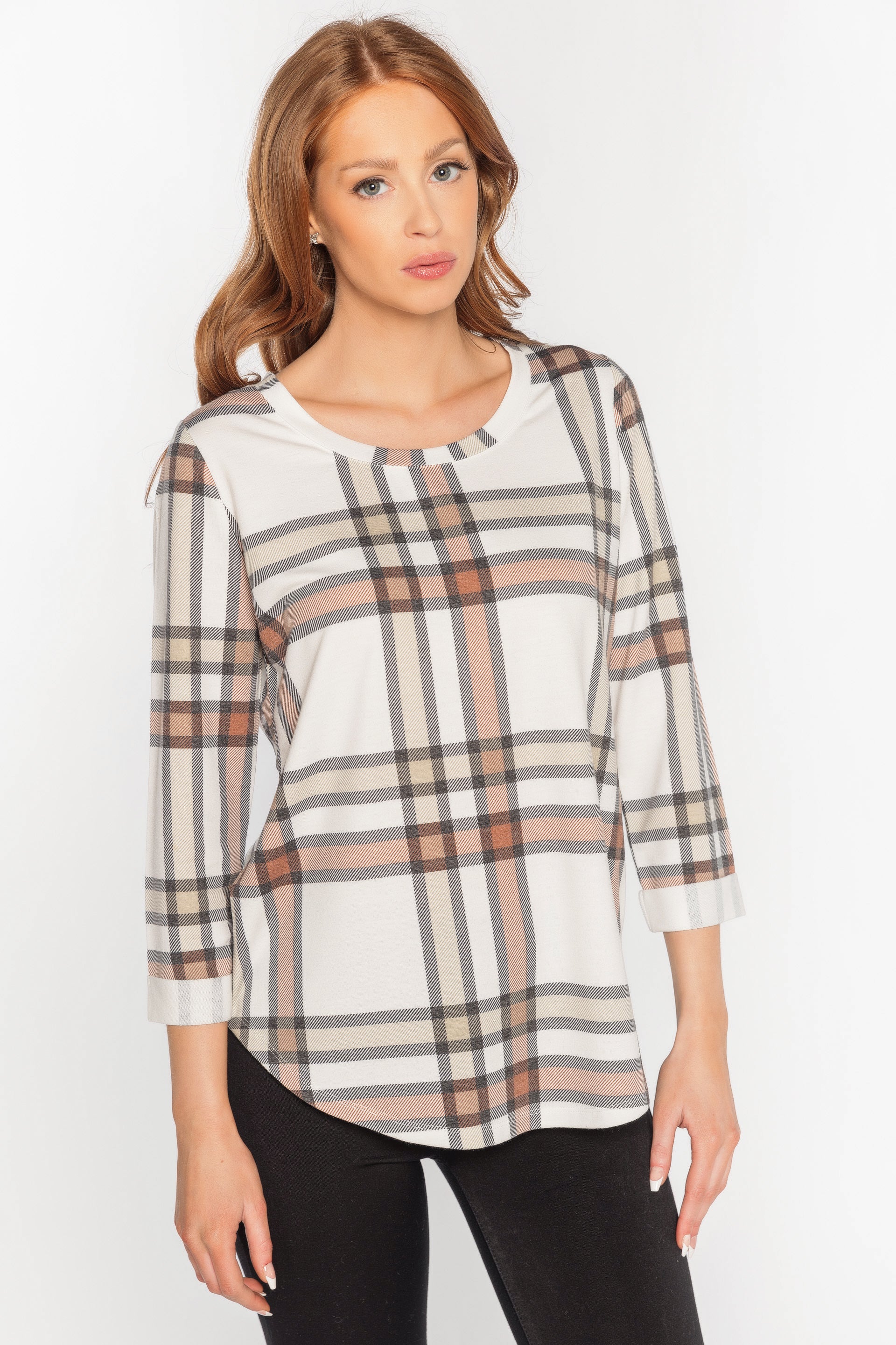 Plaid French Terry 3/4 Sleeve Top
