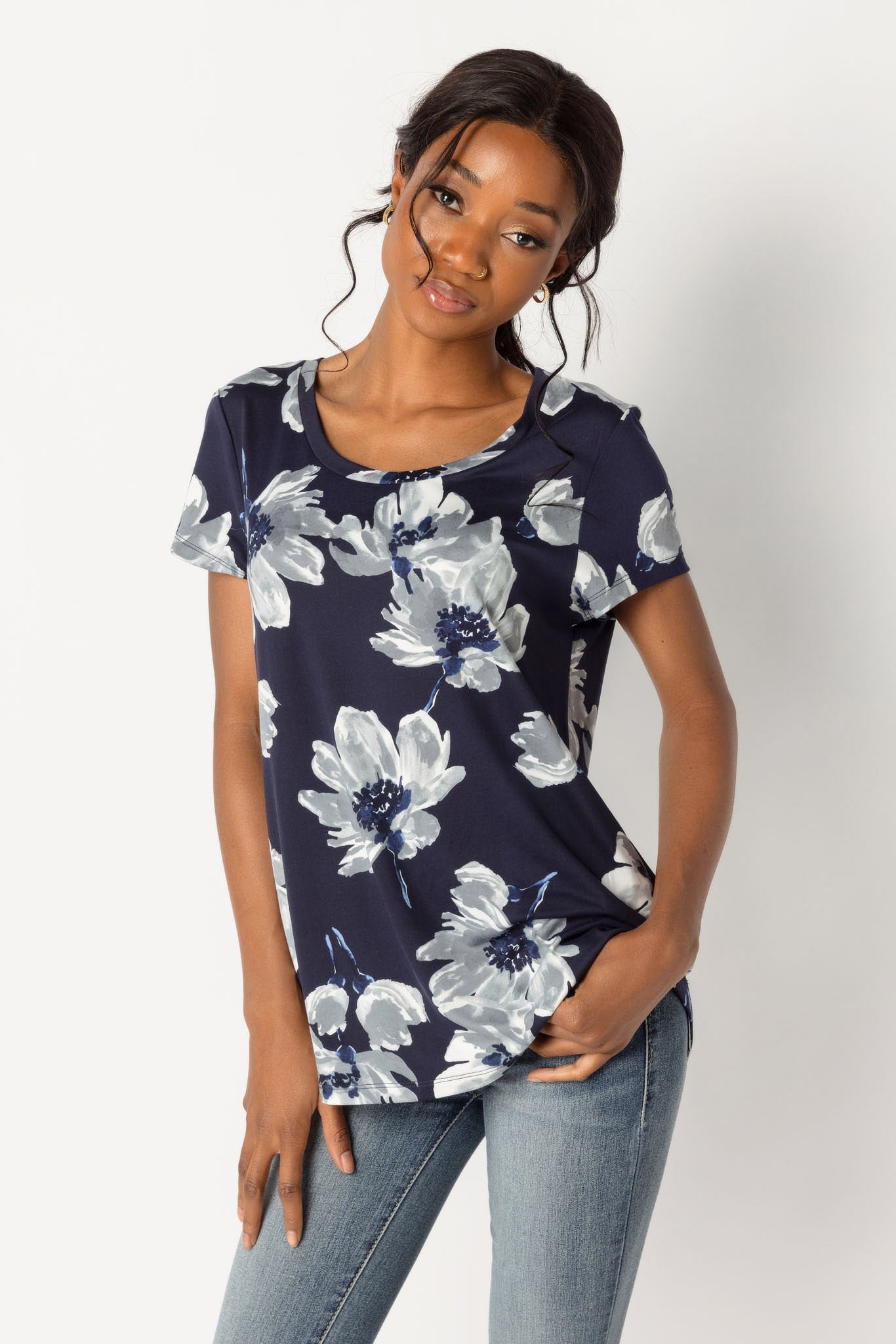 Navy Floral Scoop Neck T-Shirt