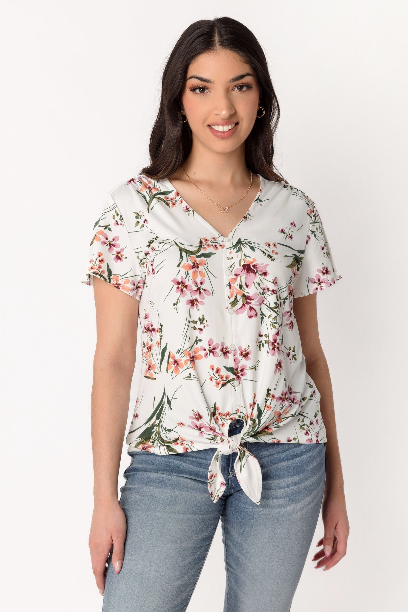 Bouquet Floral V-Neck Top with Tie-Front