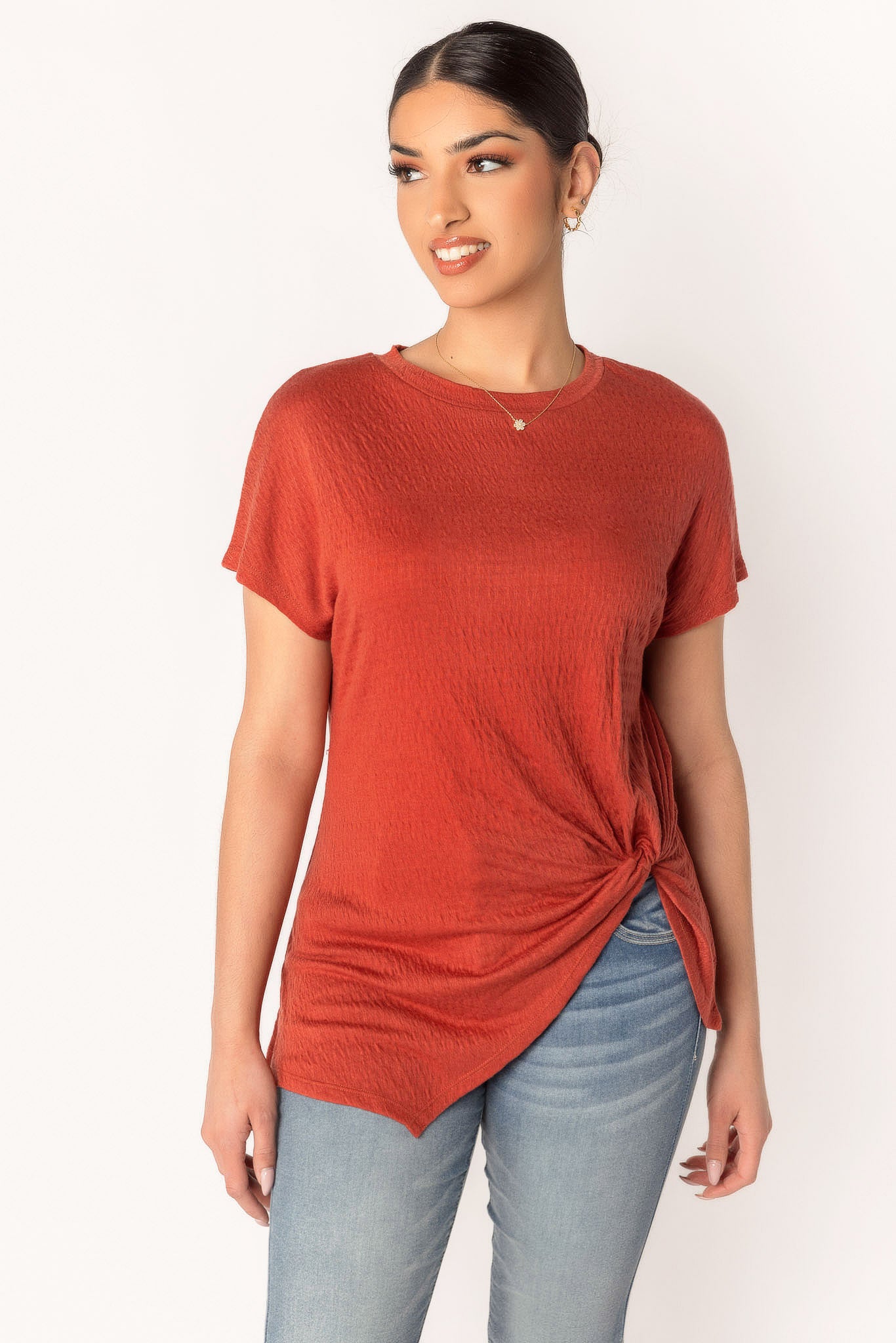 Textured Knit Tee with Knotted Hem