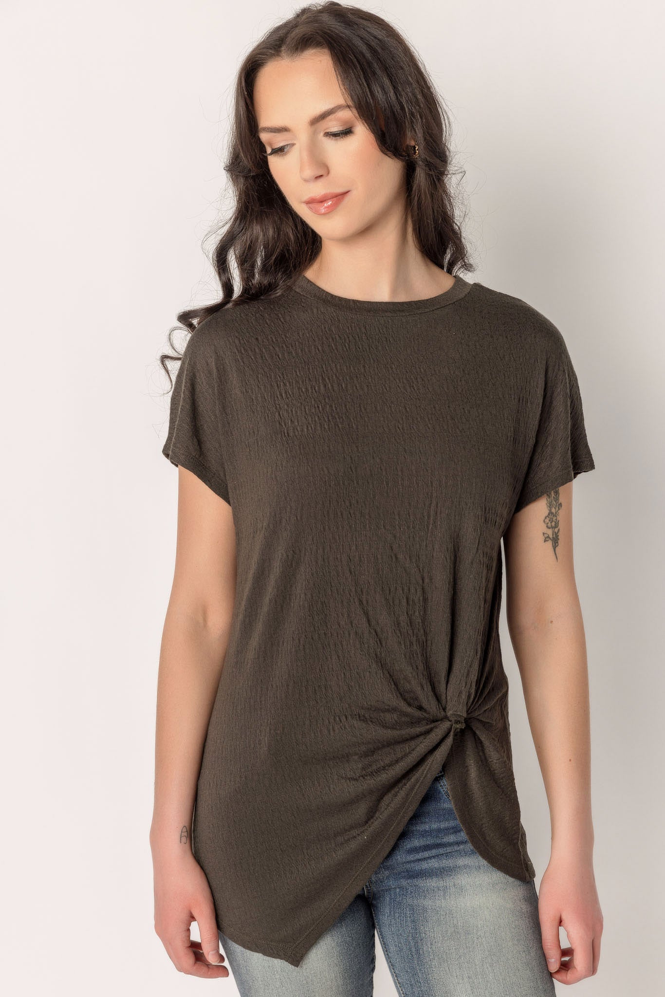 Textured Knit Tee with Knotted Hem