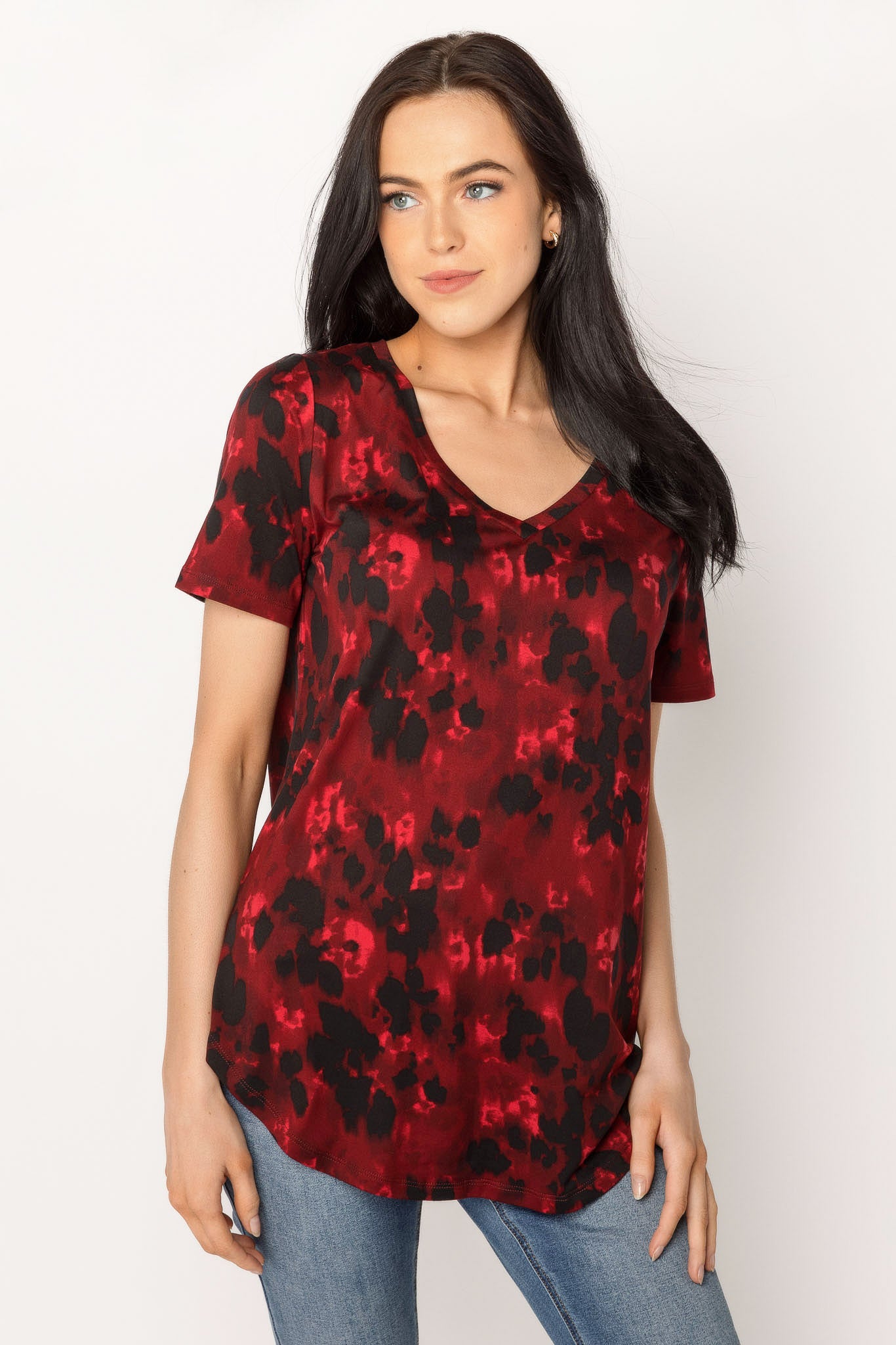 Printed Short-Sleeve V-Neck Top