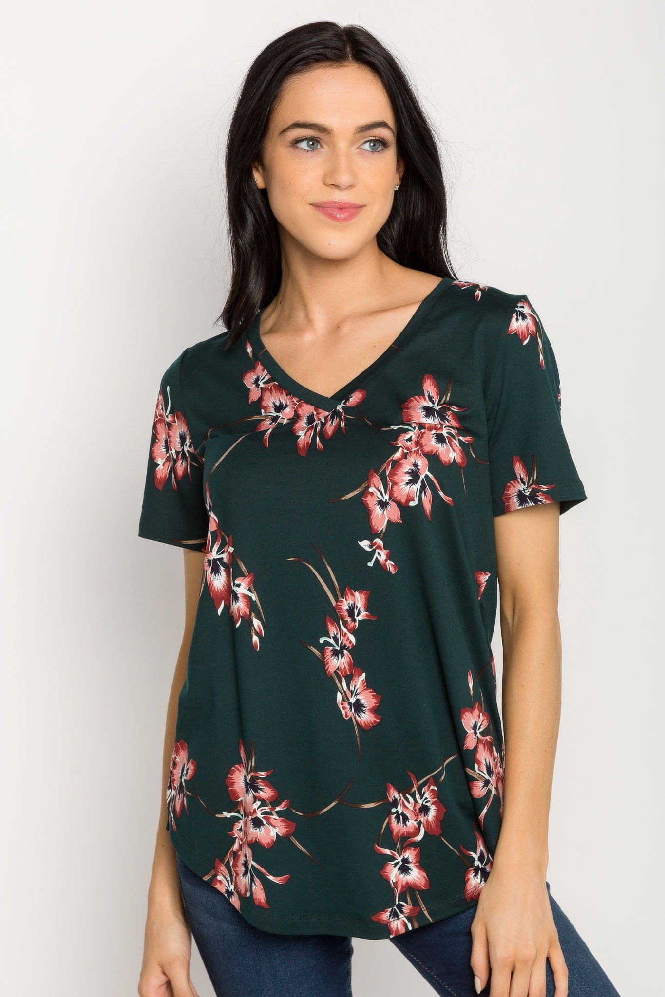 Orchid Print Short-Sleeve V-Neck Top