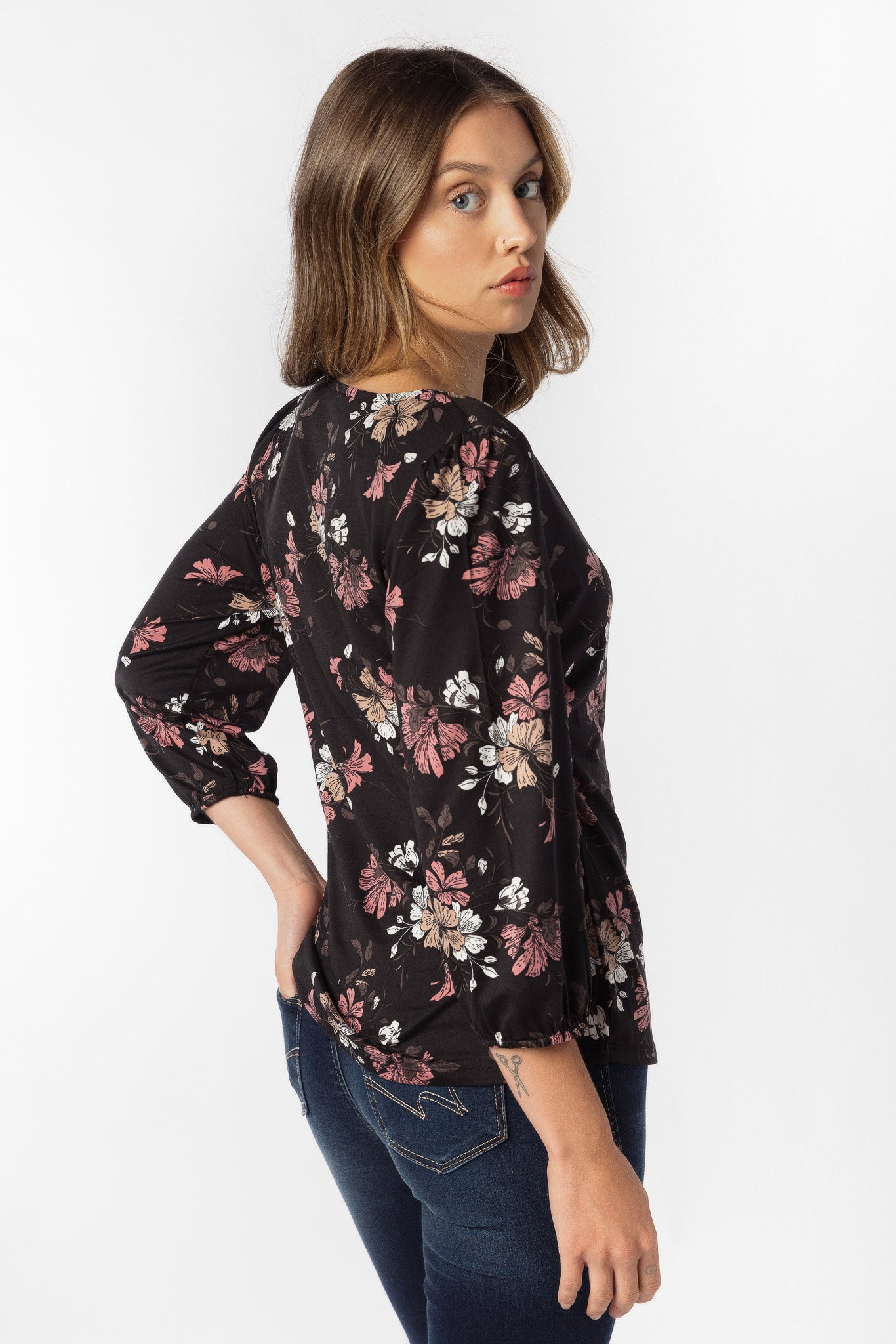 Floral Print 3/4 Balloon Sleeve Top