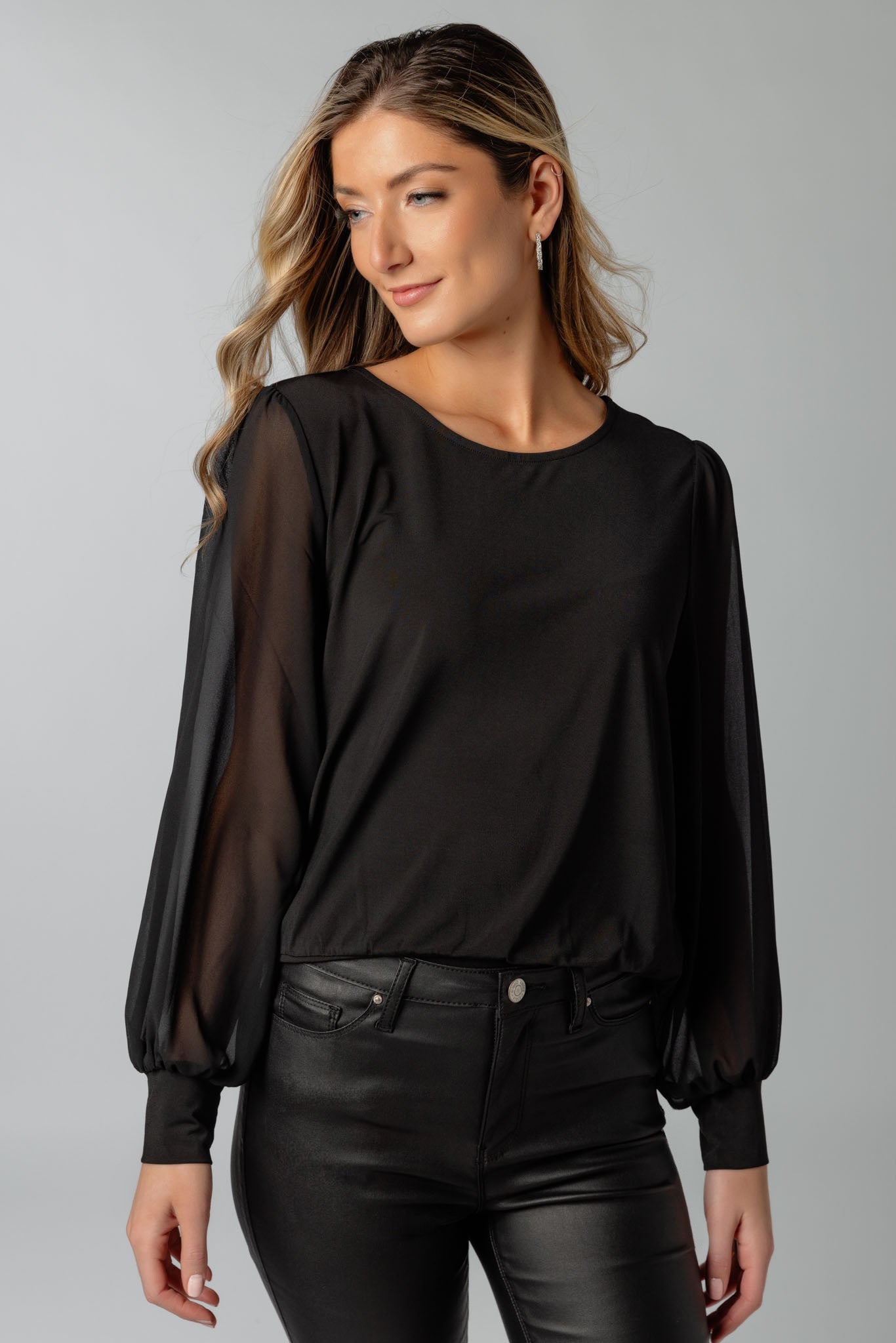 Banded Chiffon Balloon Sleeve Top