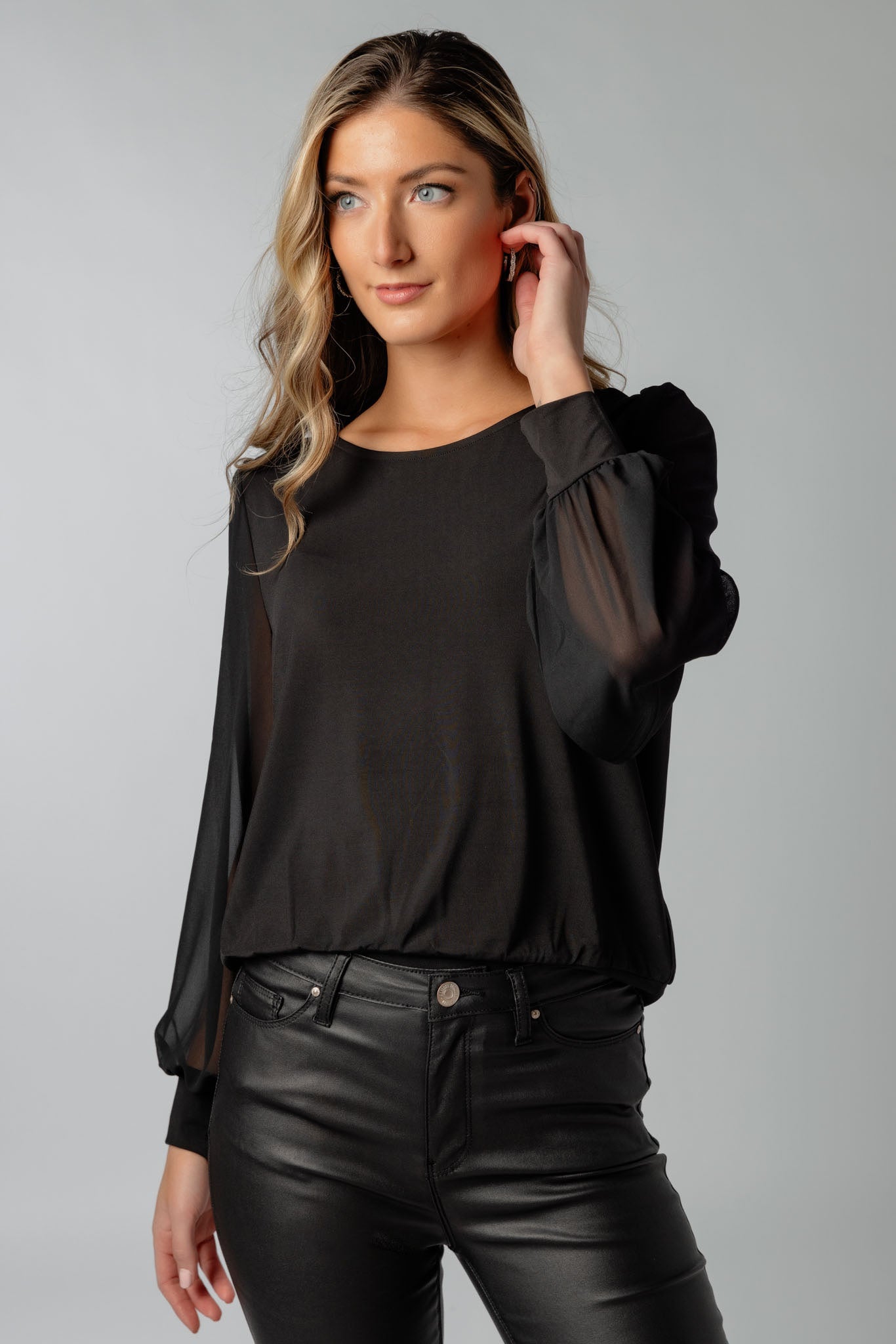 Banded Chiffon Balloon Sleeve Top