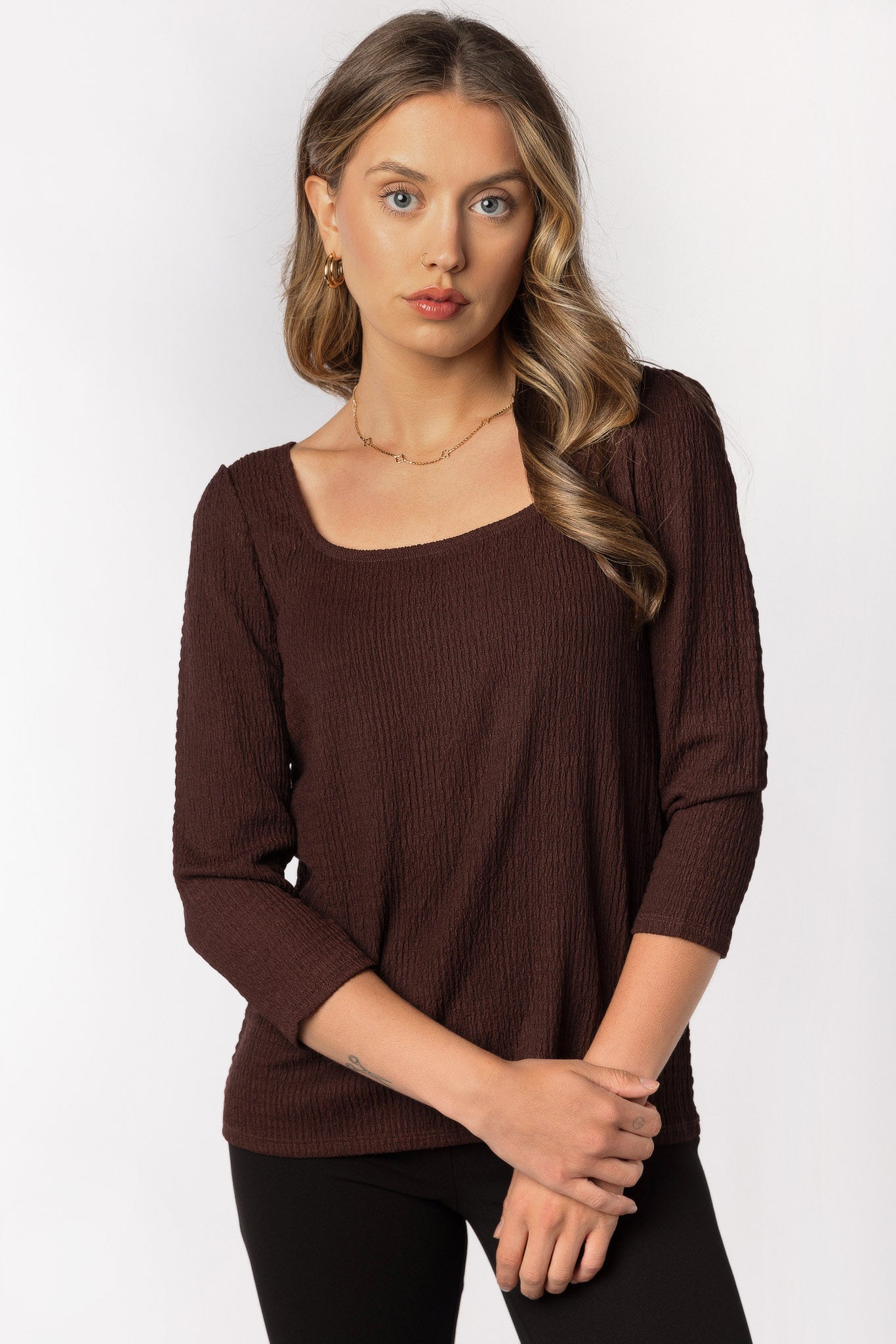 3/4 Sleeve Textured Square Neck Top