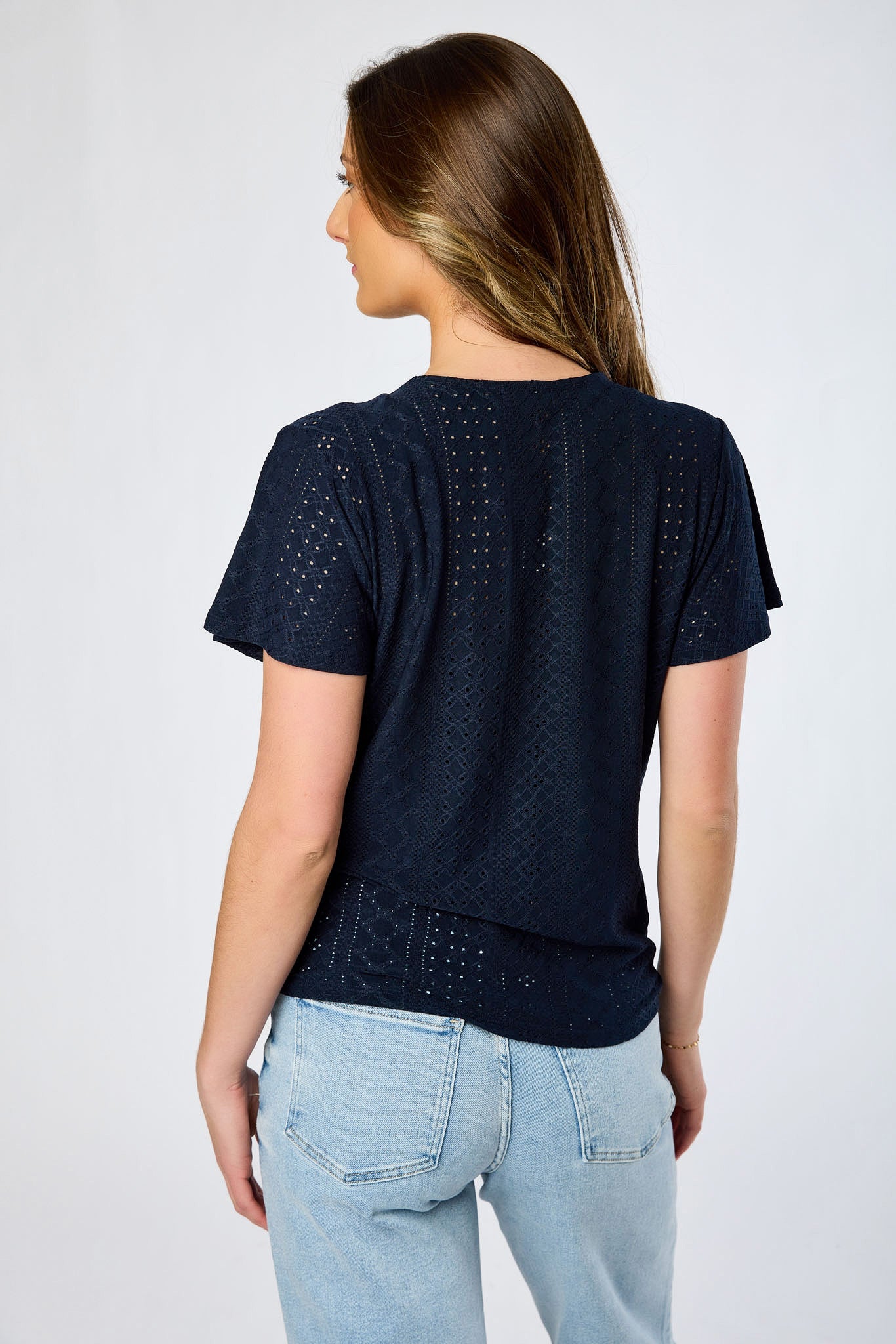 Eyelet-Knit Short-Sleeve Tie-Front Top