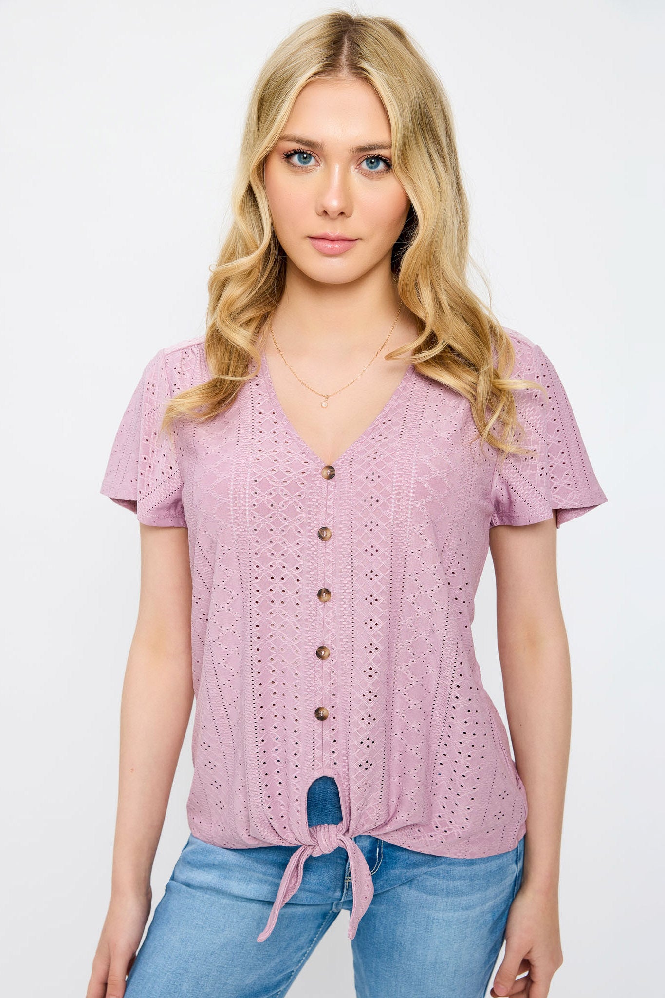 Eyelet-Knit Short-Sleeve Tie-Front Top