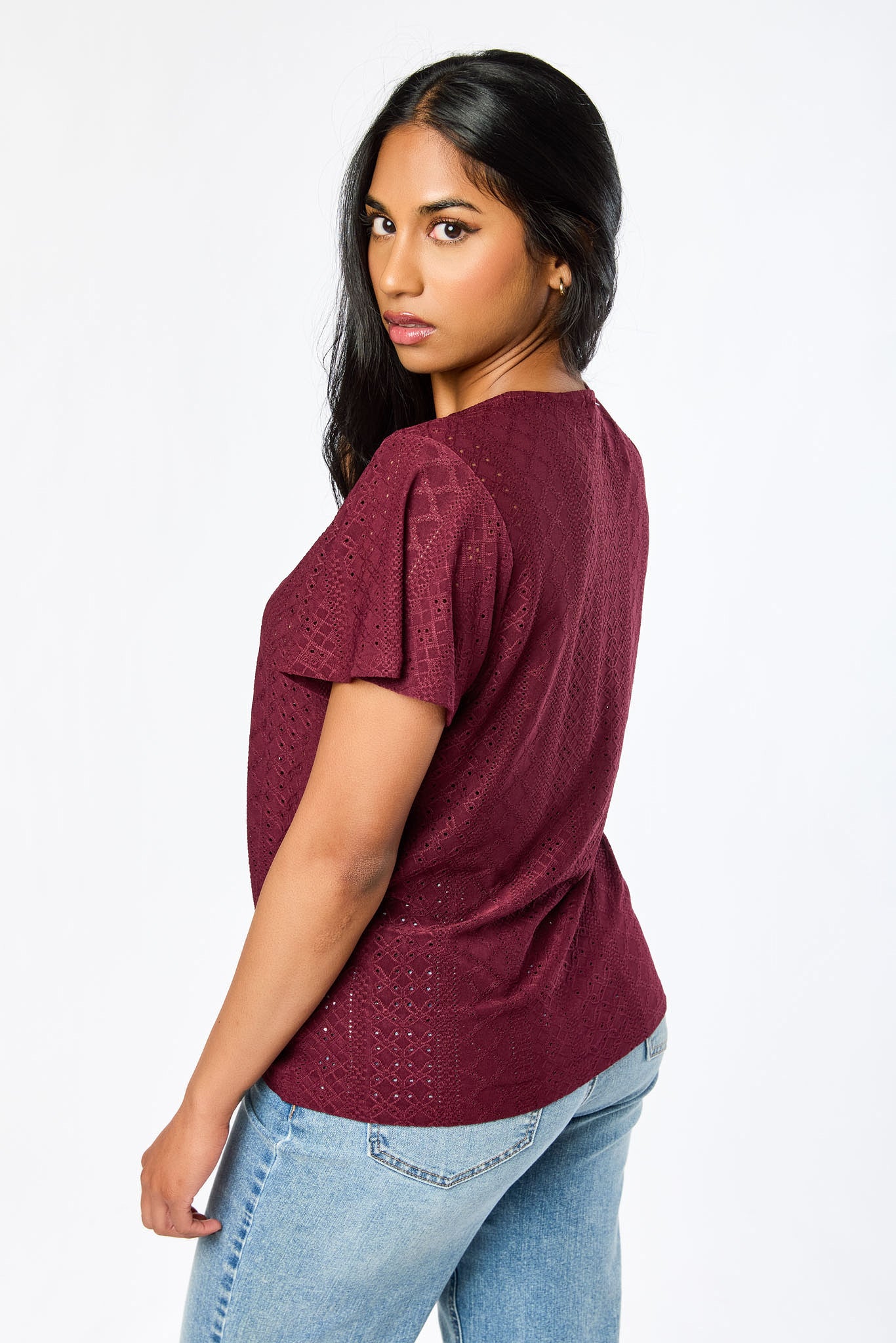 Eyelet-Knit Short-Sleeve Tie-Front Top