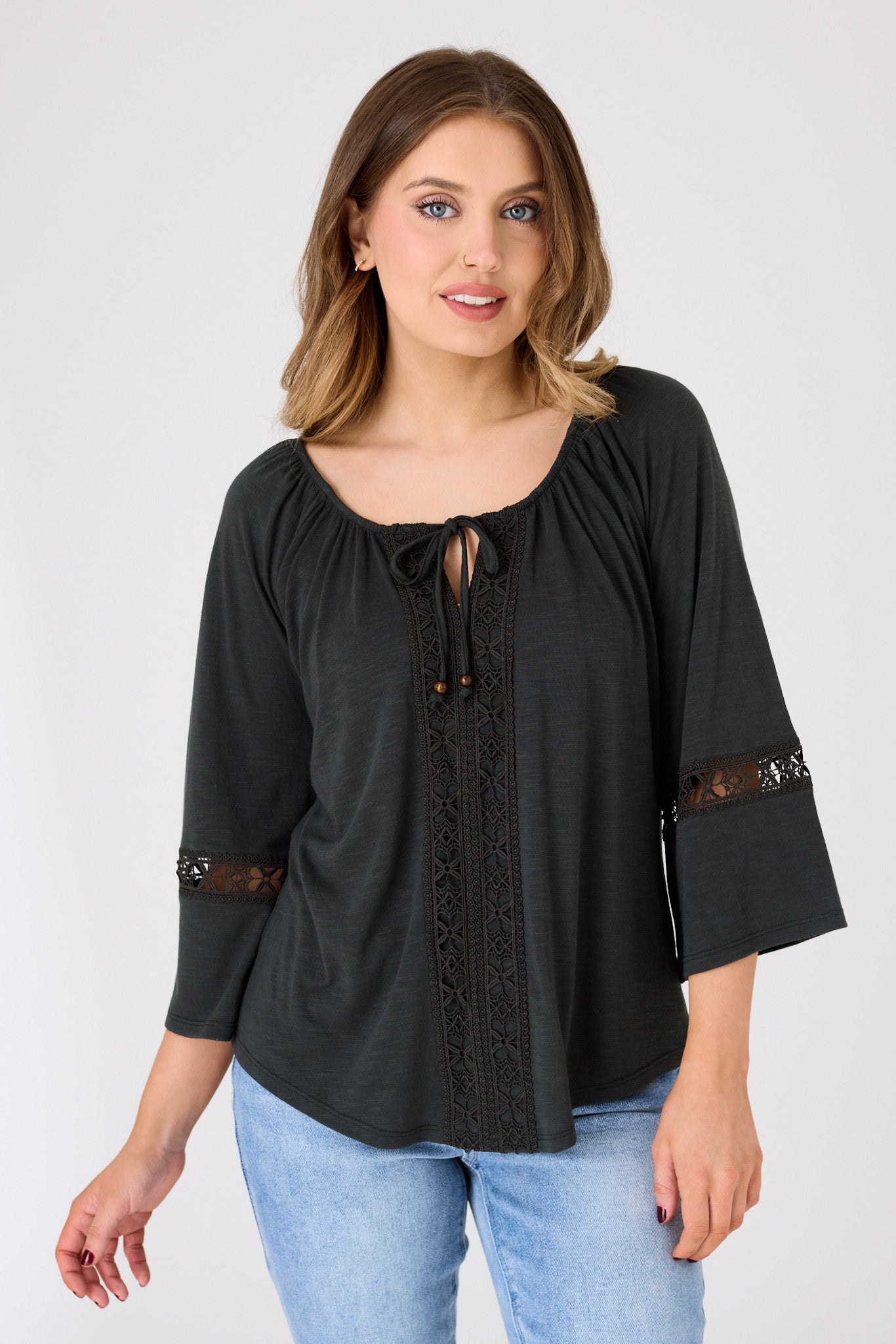 Long-Sleeve Blouse with Lace Trim and Tie Detail