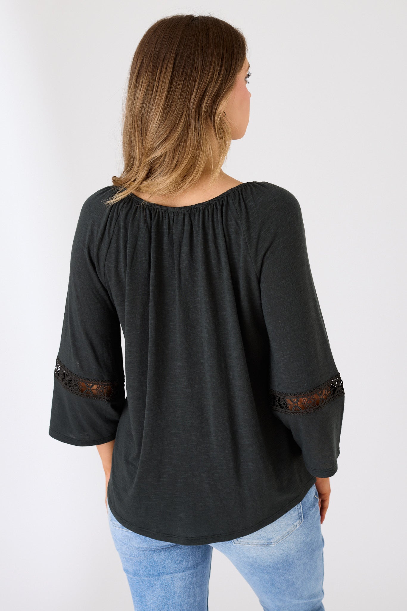Long-Sleeve Blouse with Lace Trim and Tie Detail