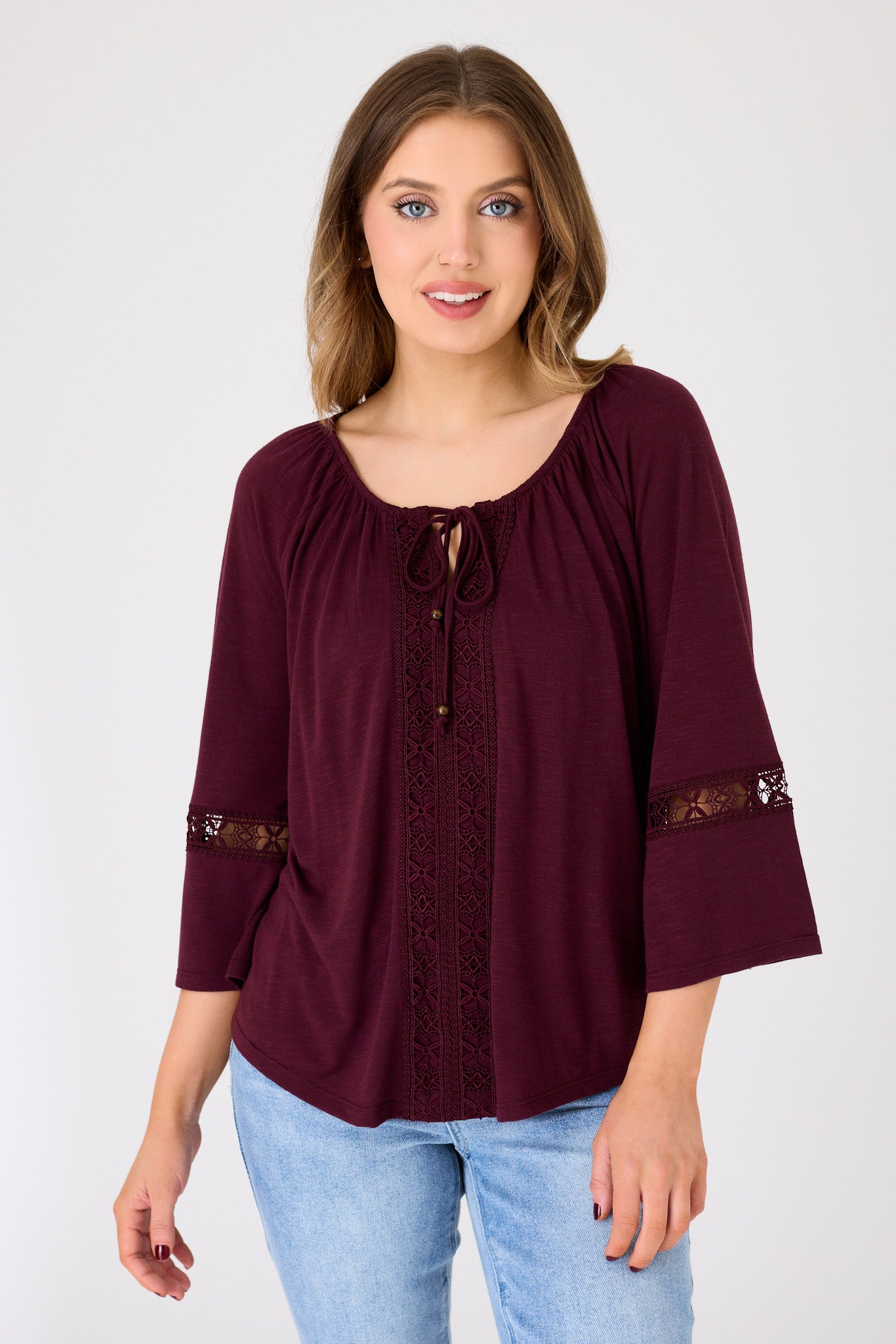 Long-Sleeve Blouse with Lace Trim and Tie Detail