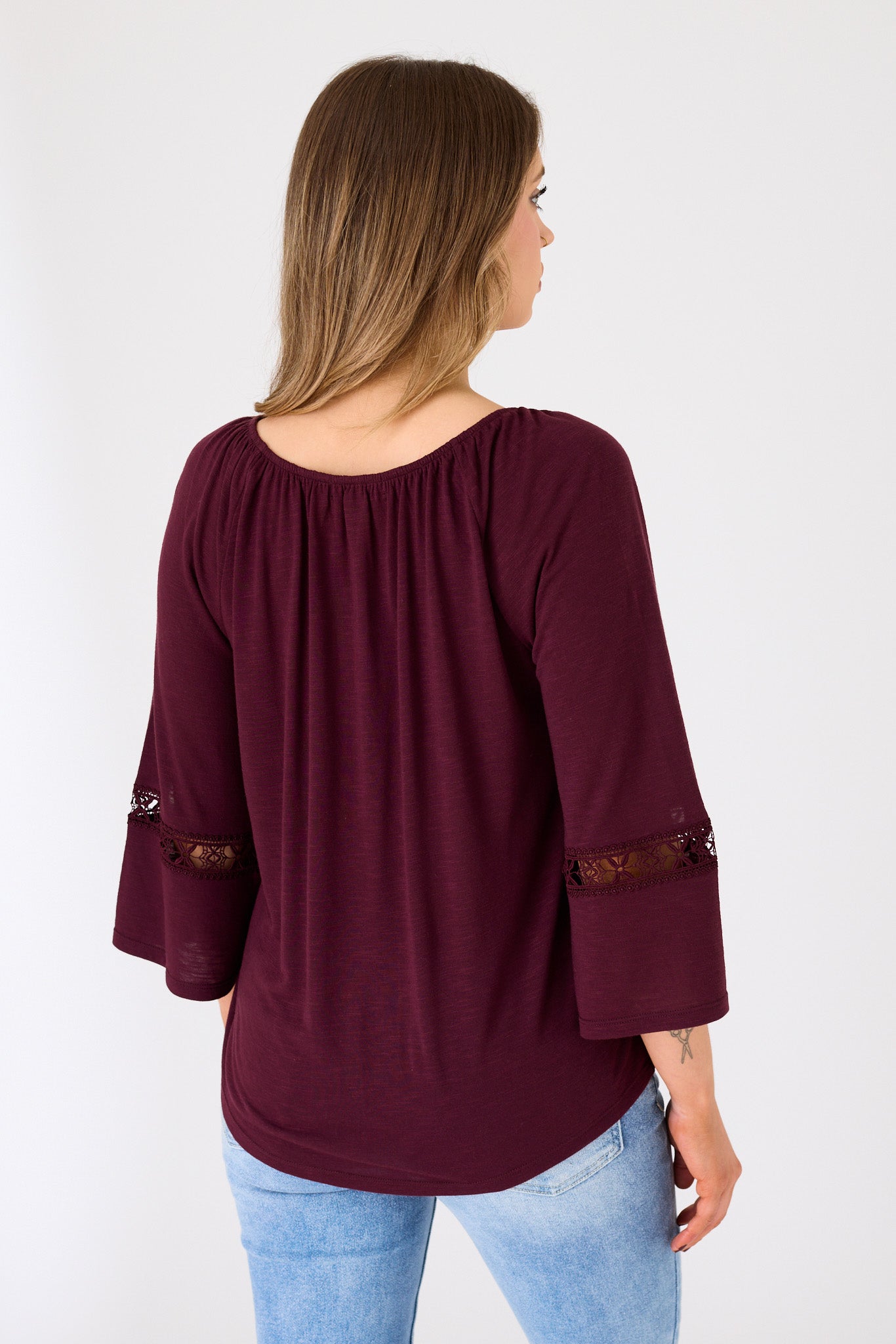 Long-Sleeve Blouse with Lace Trim and Tie Detail