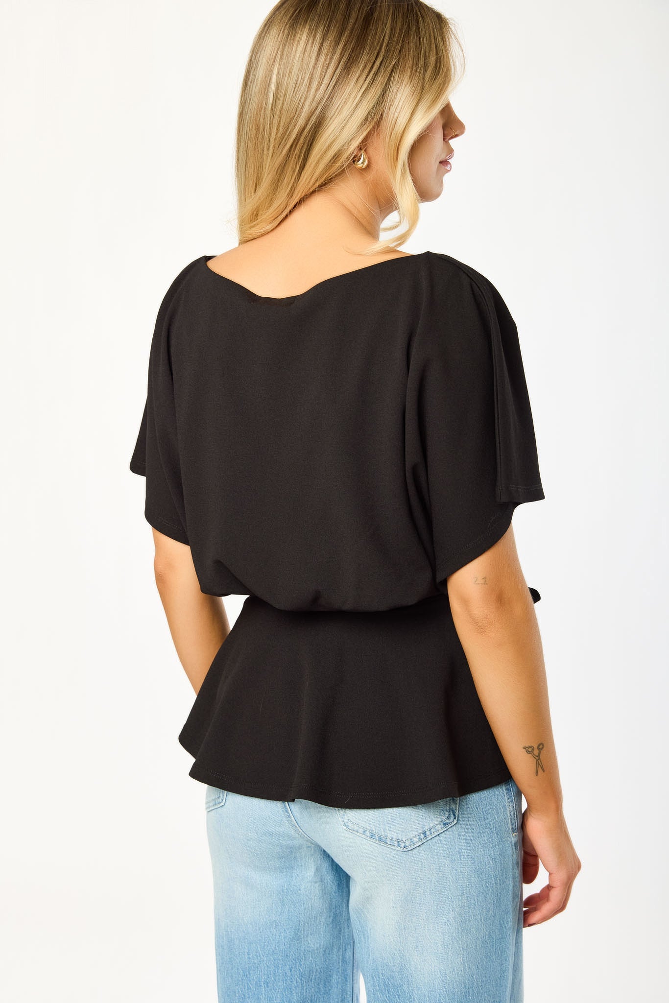 Stretch Crepe Batwing Peplum Top with Tie-Belt