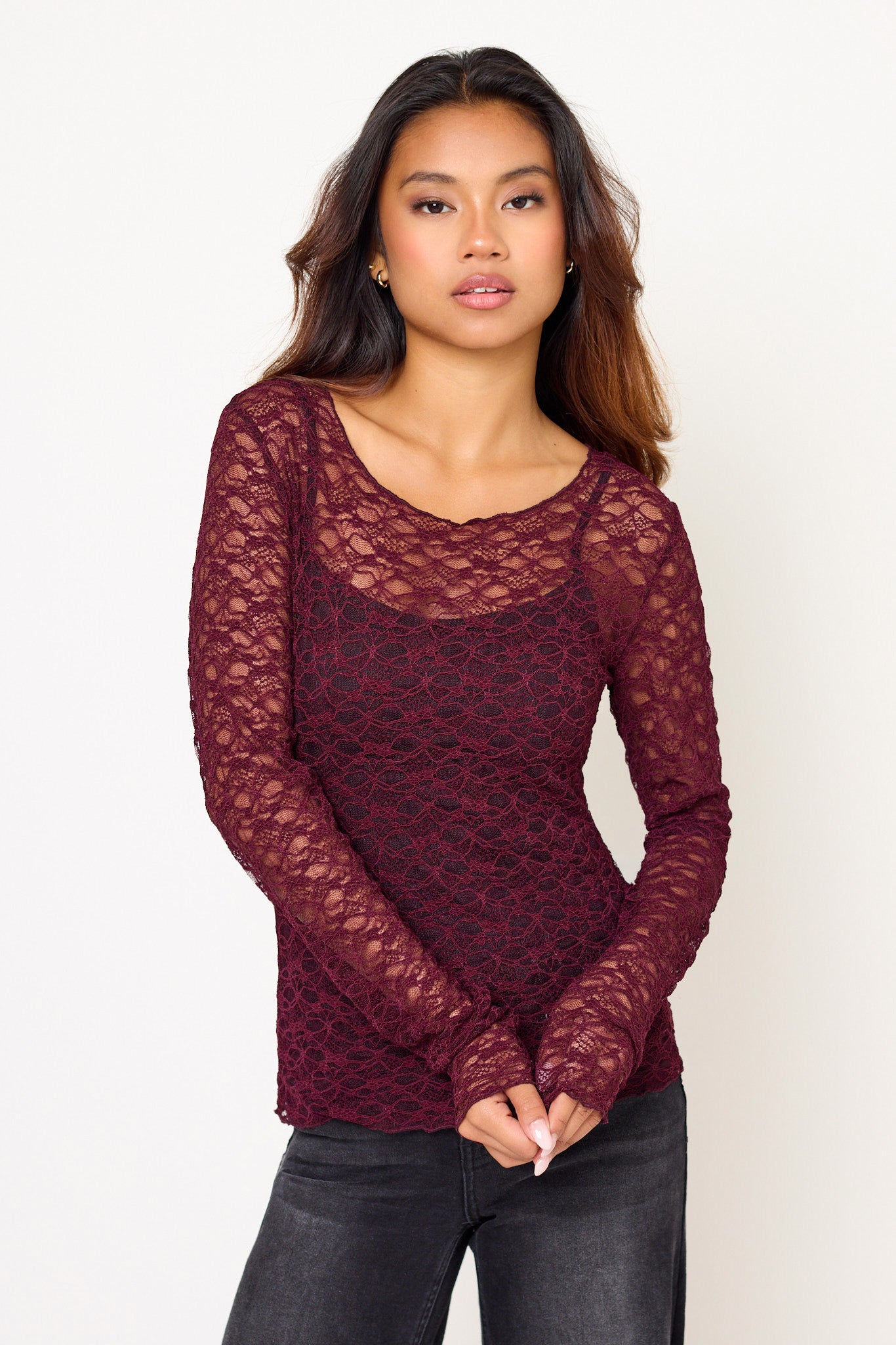 Crew-Neck Long-Sleeve Stretch Lace Top