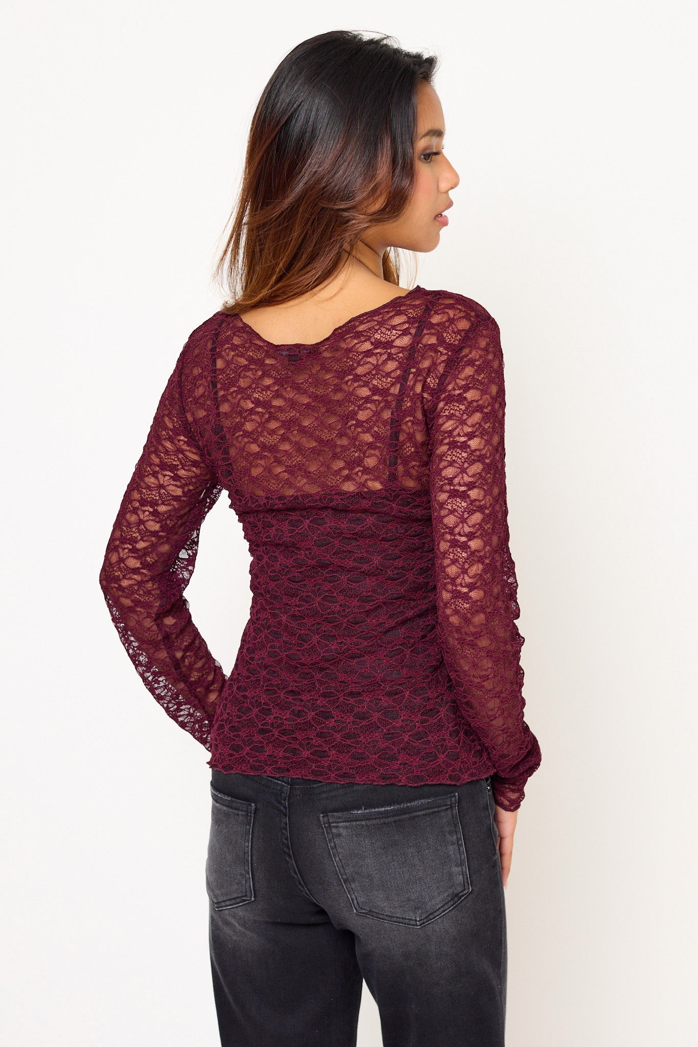 Crew-Neck Long-Sleeve Stretch Lace Top