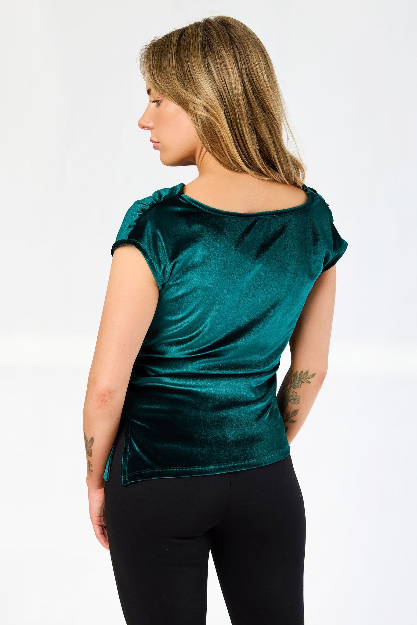 Stretch Velvet Cowl-Neck Cap-Sleeve Top