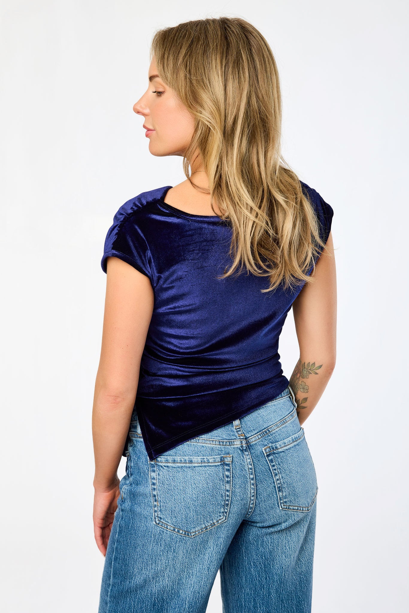 Stretch Velvet Cowl-Neck Cap-Sleeve Top