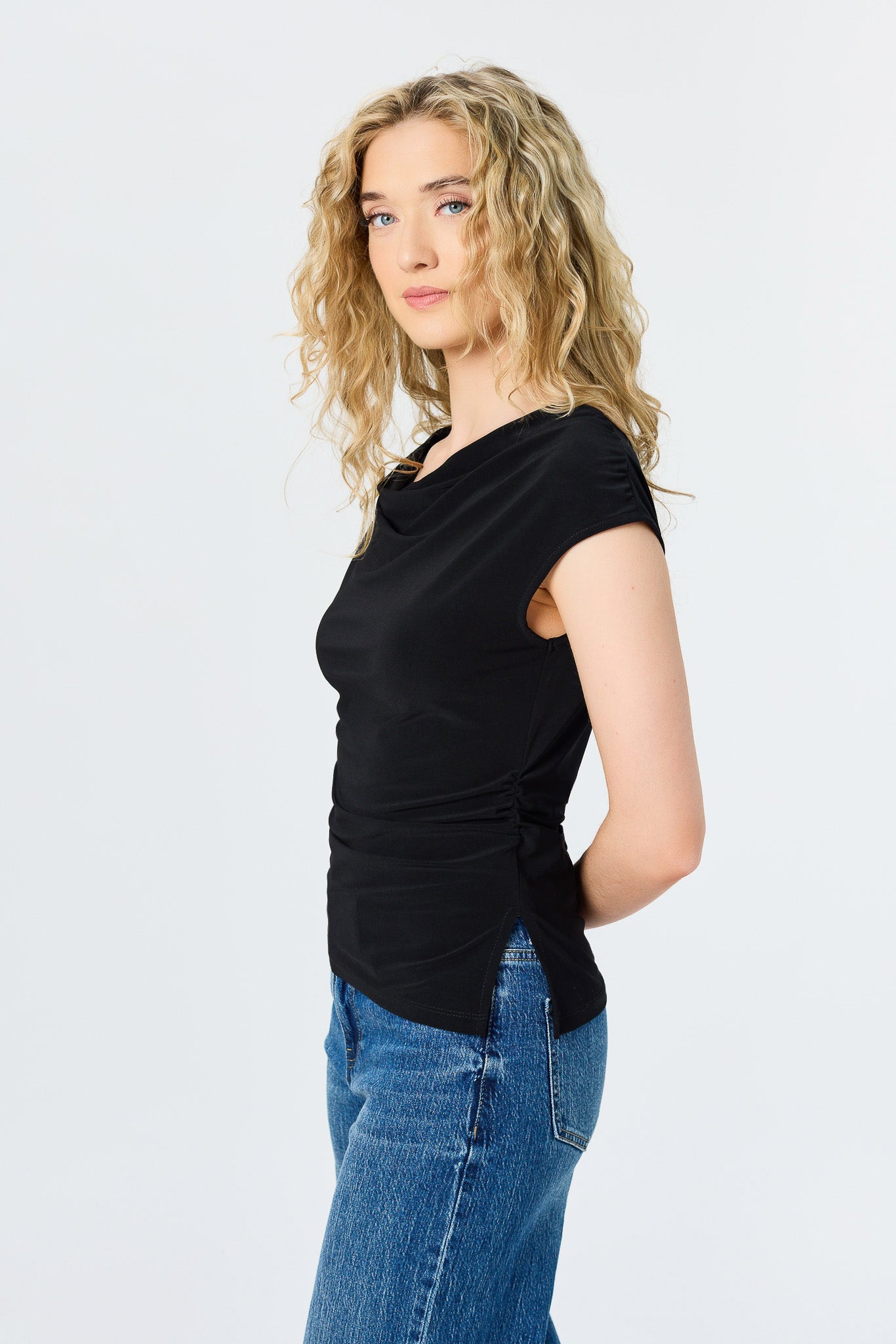 Ruched Cowl-Neck Cap-Sleeve Top
