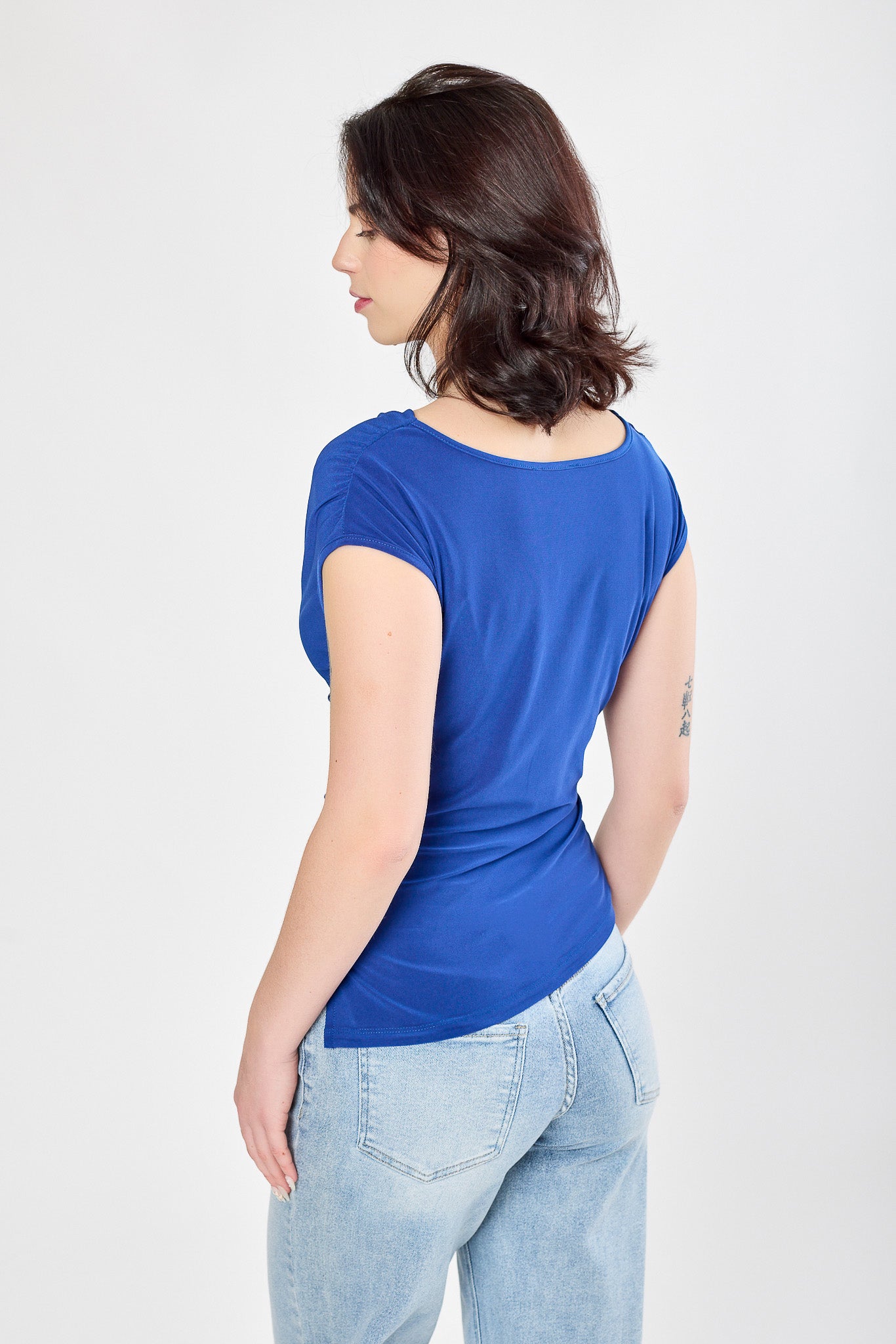 Ruched Cowl-Neck Cap-Sleeve Top