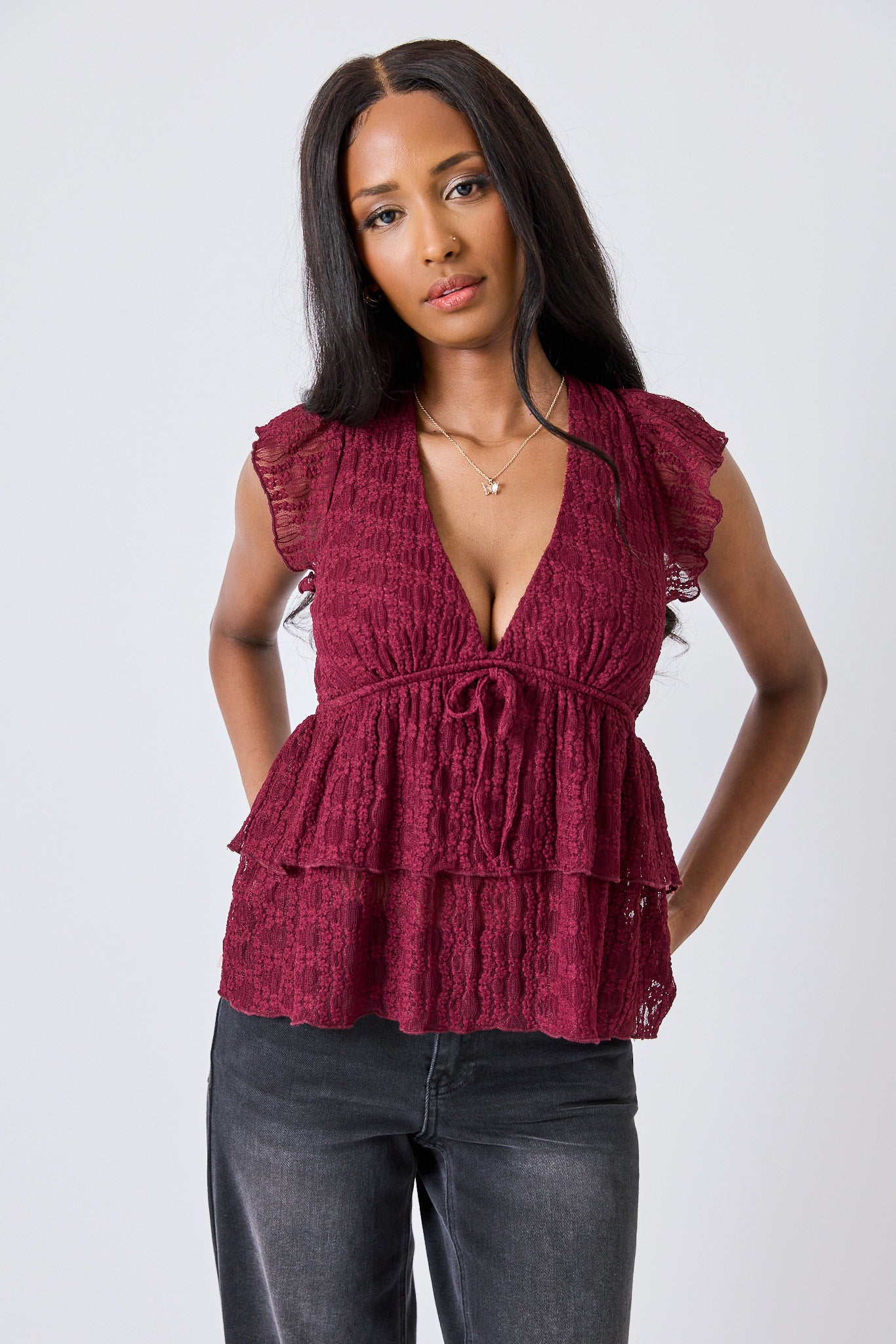 Lace Flutter-Sleeve Tiered Babydoll Top