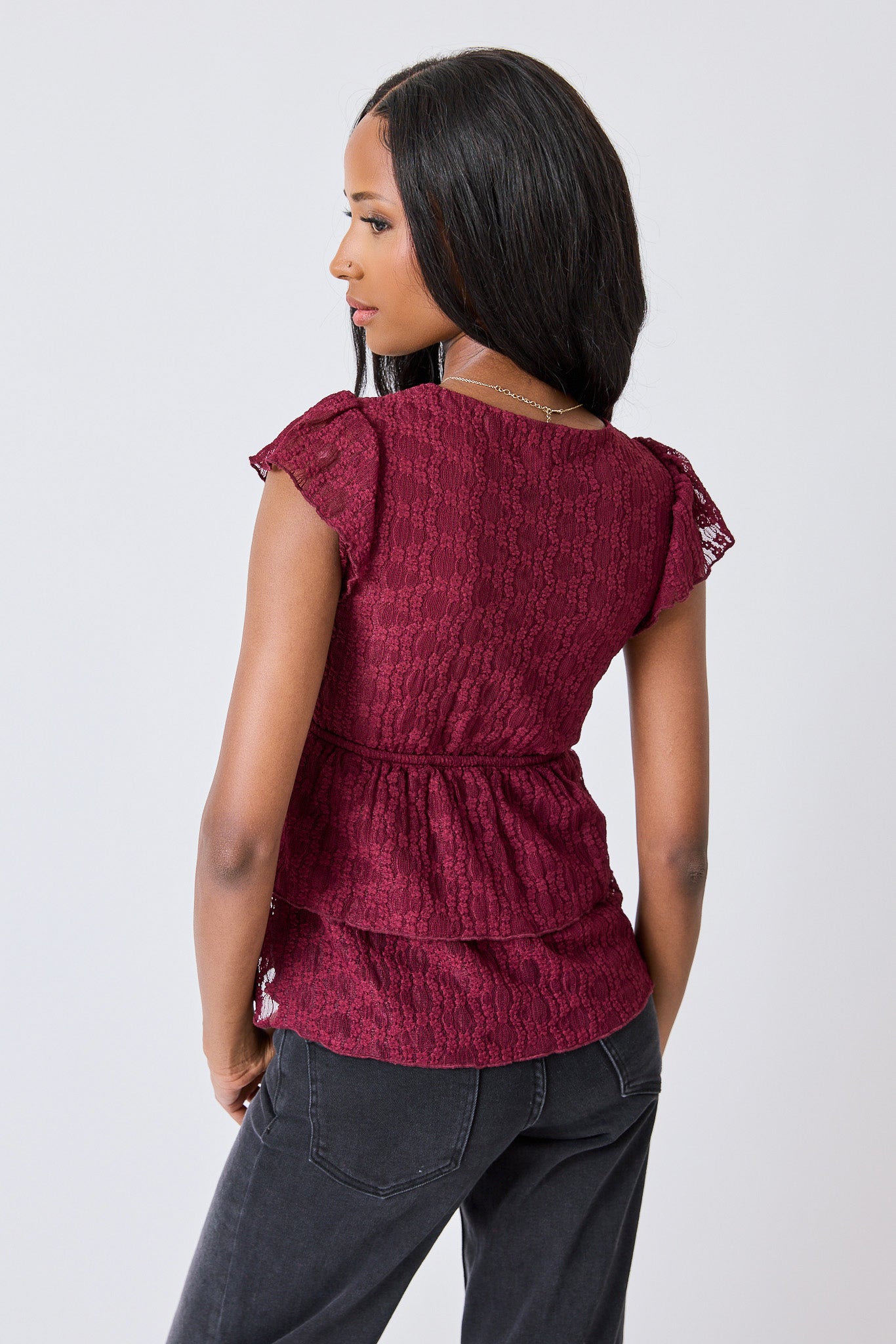 Lace Flutter-Sleeve Tiered Babydoll Top