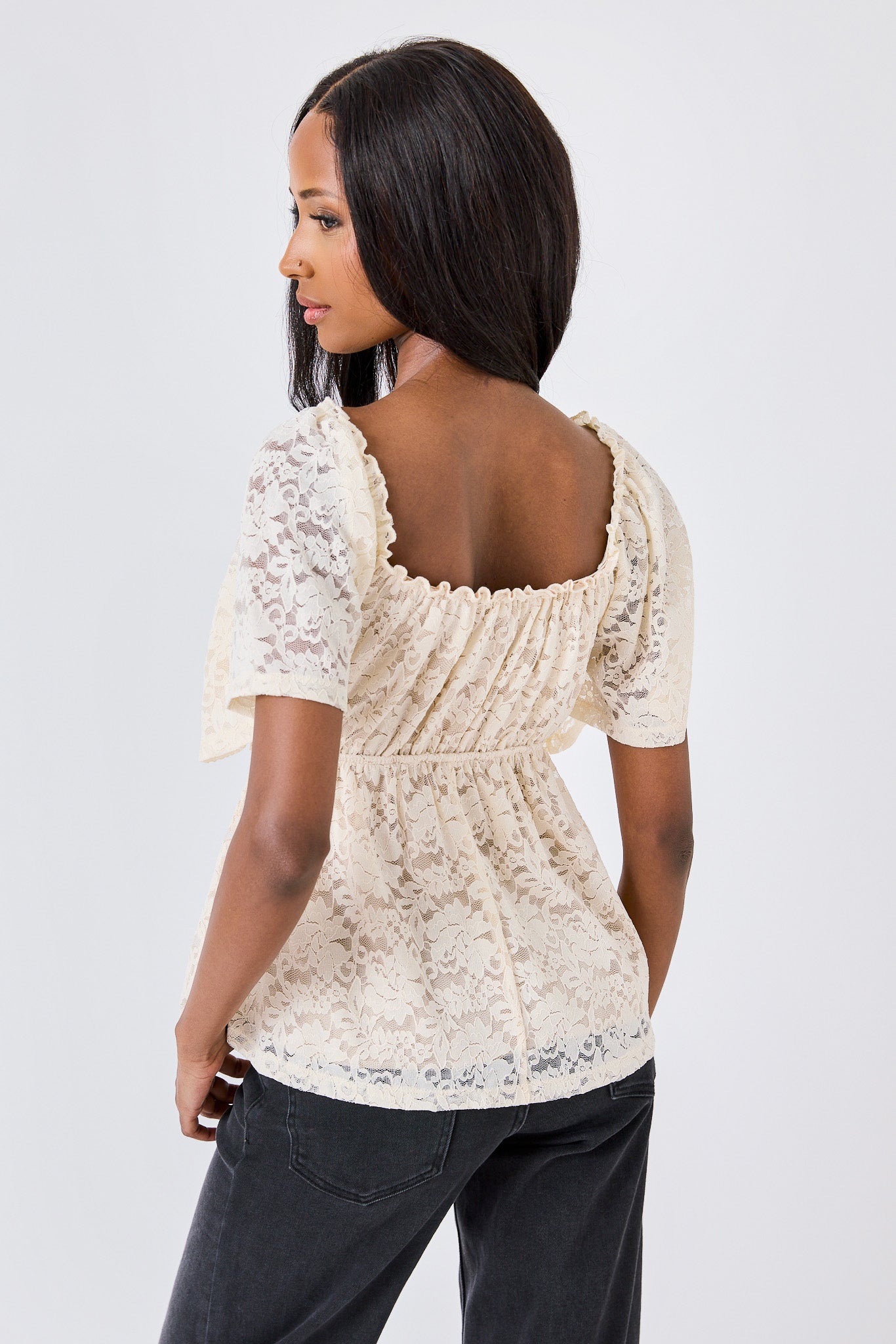 Floral Lace Flutter-Sleeve Babydoll Top