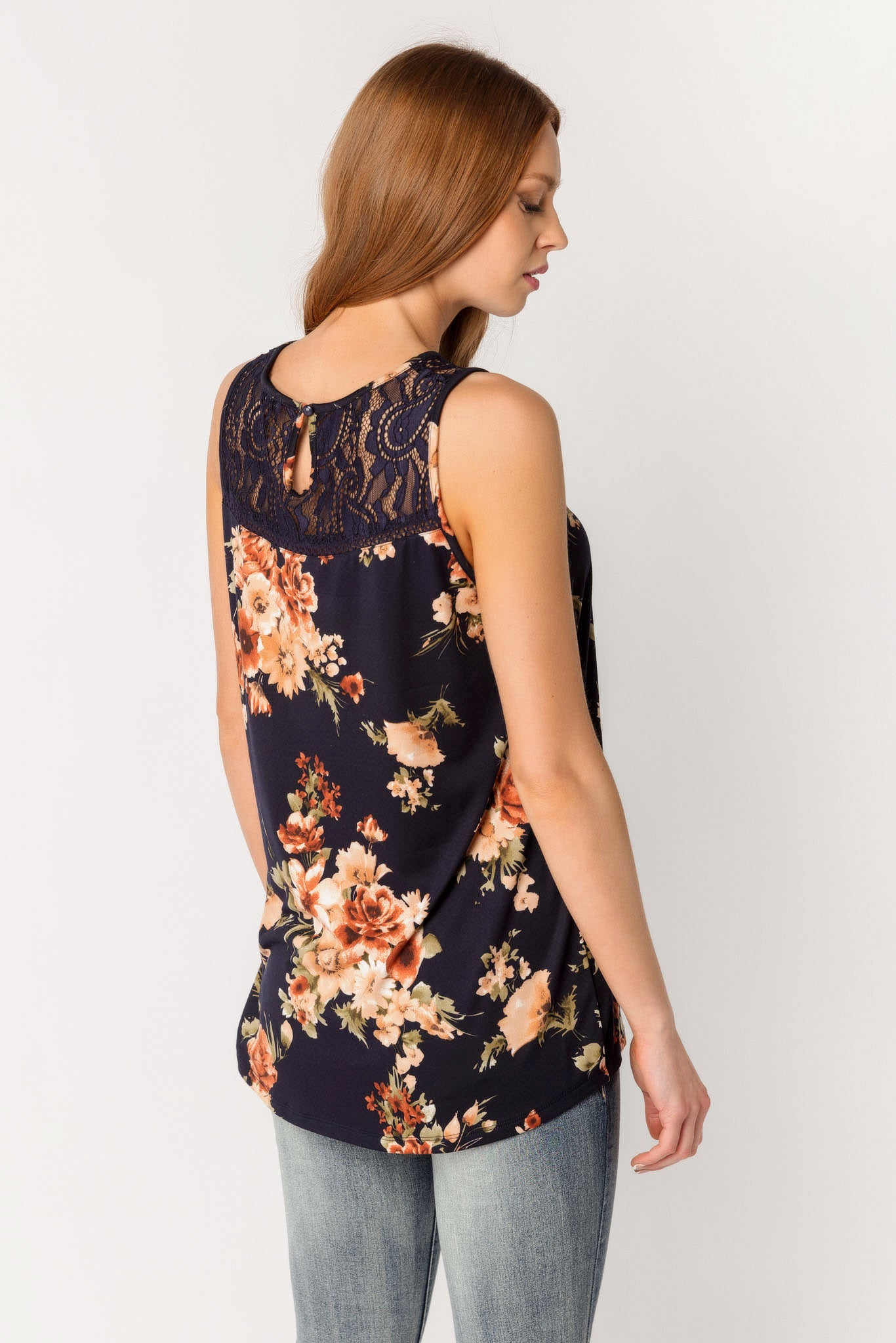 Navy Floral Sleeveless Top with Lace Trim