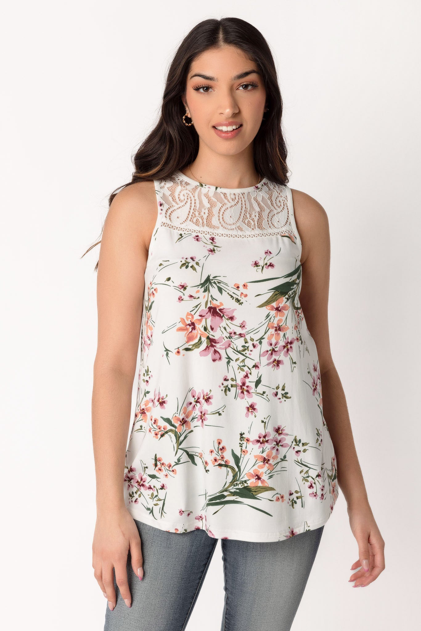 Floral Bouquet Sleeveless Top with Lace Trim