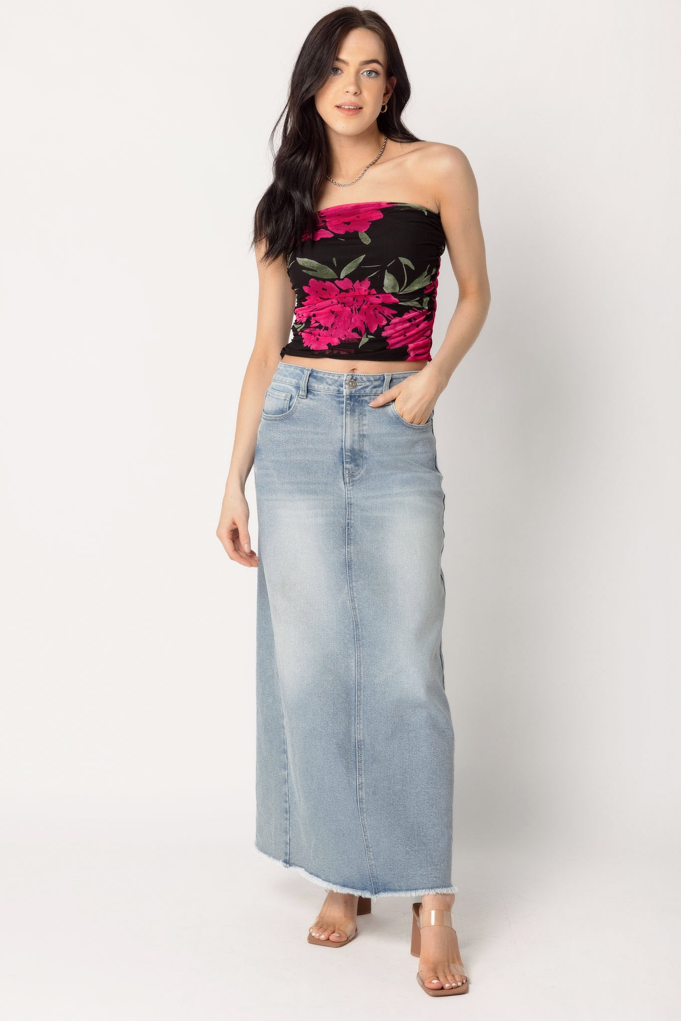 Bright Floral Mesh Ruched Tube Top