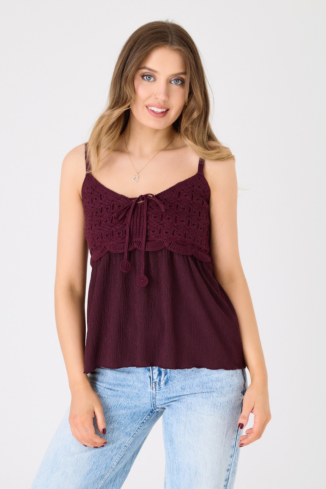 Crochet Spaghetti Strap V-Neck Babydoll Top