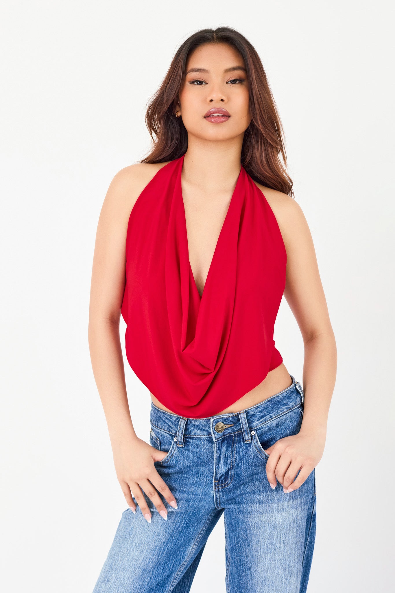 Drape-Neck Cropped Halter Top