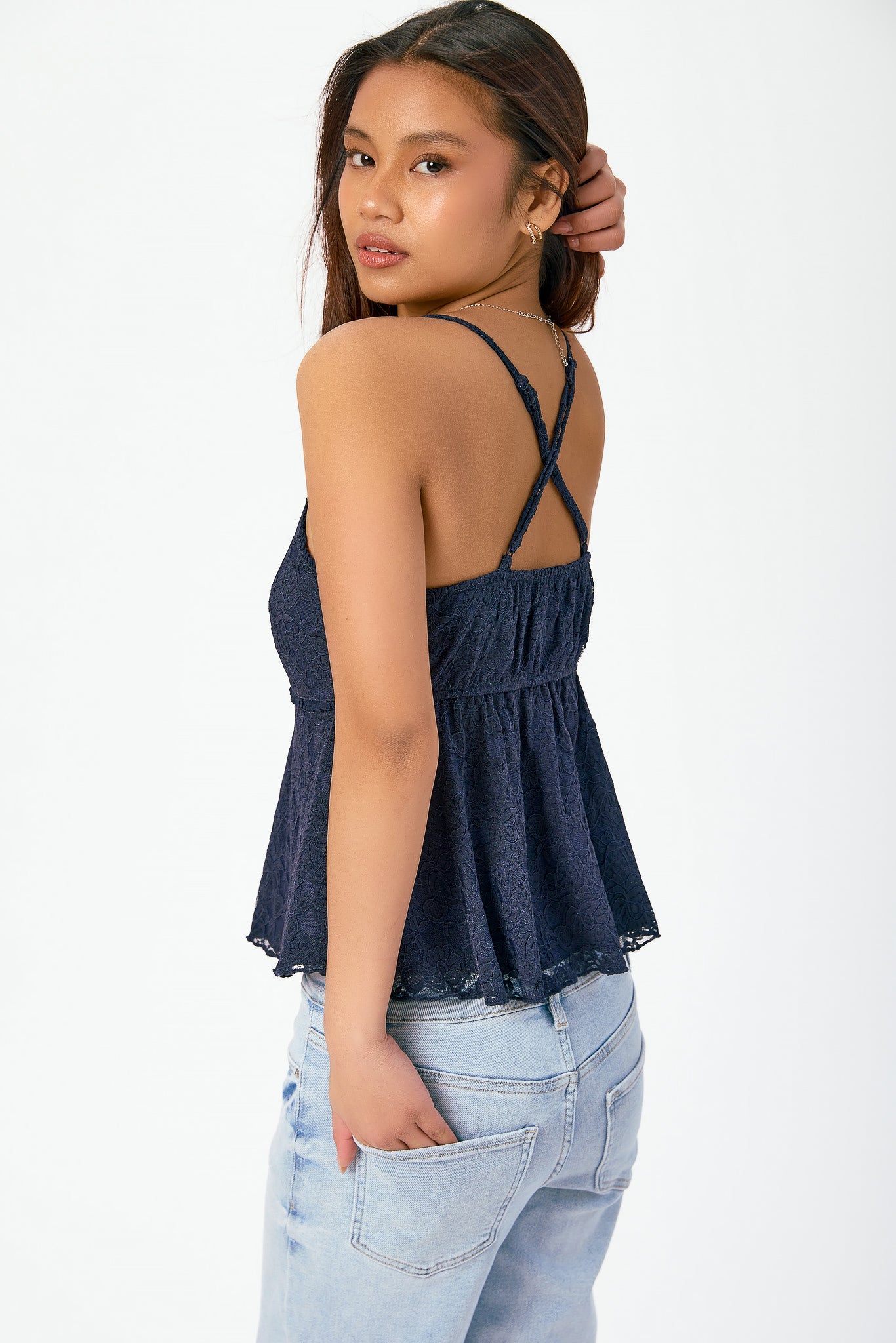 Lace V-Neck Spaghetti Strap Babydoll Top