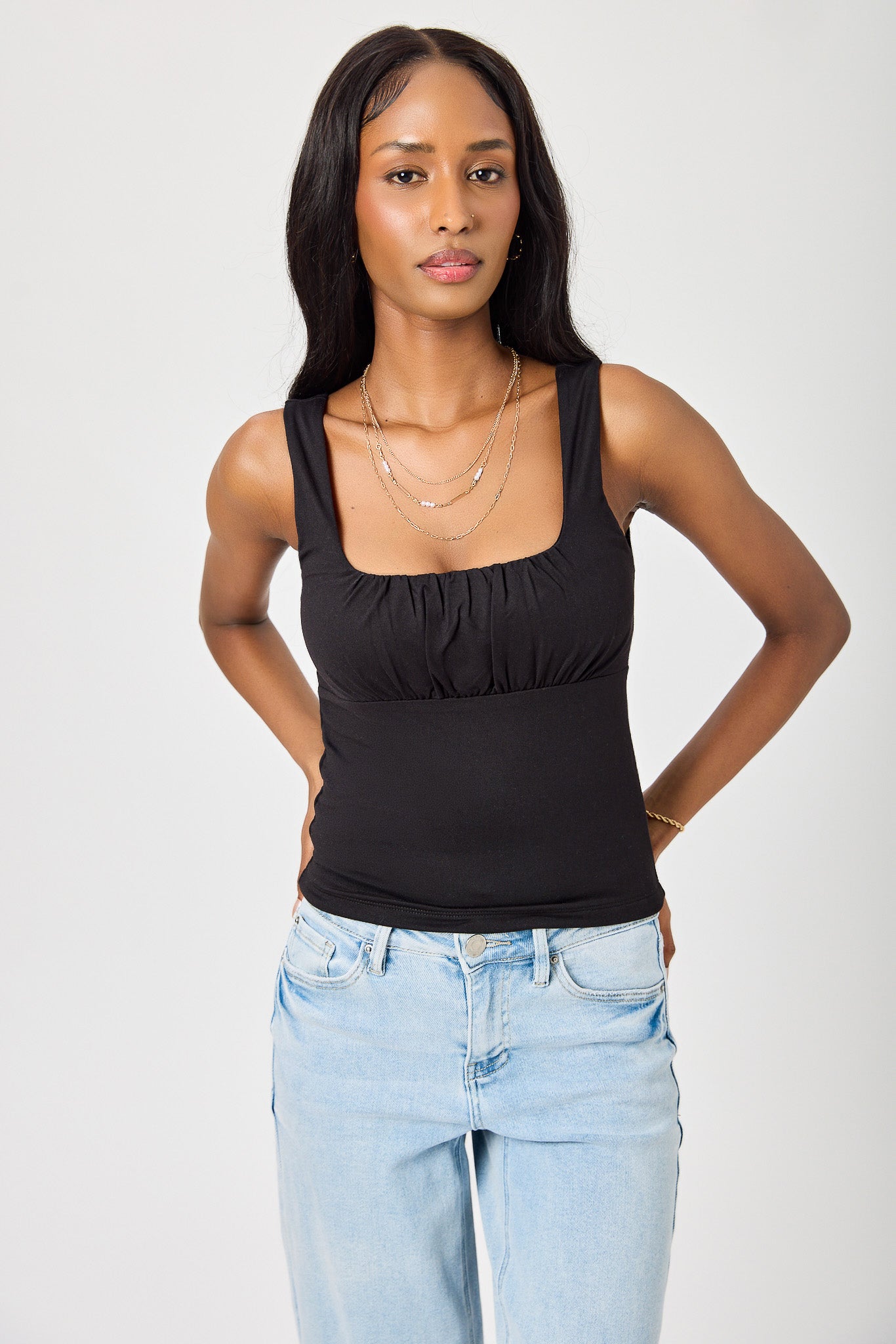 Brushed Square-Neck Tank Top with Ruched Bust – Eclipse