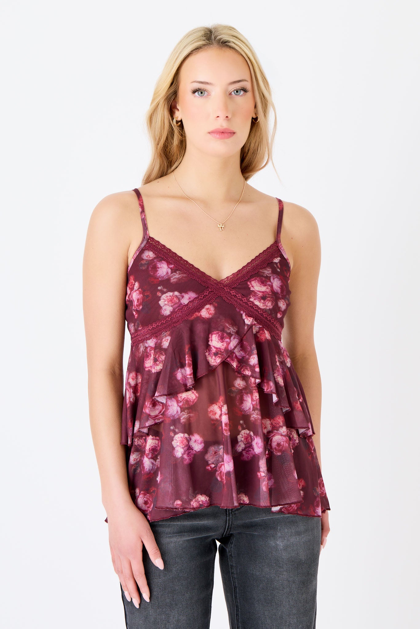 Burgundy Combo Floral Mesh Plunge Neck Tiered Babydoll Cami with Lace Trim