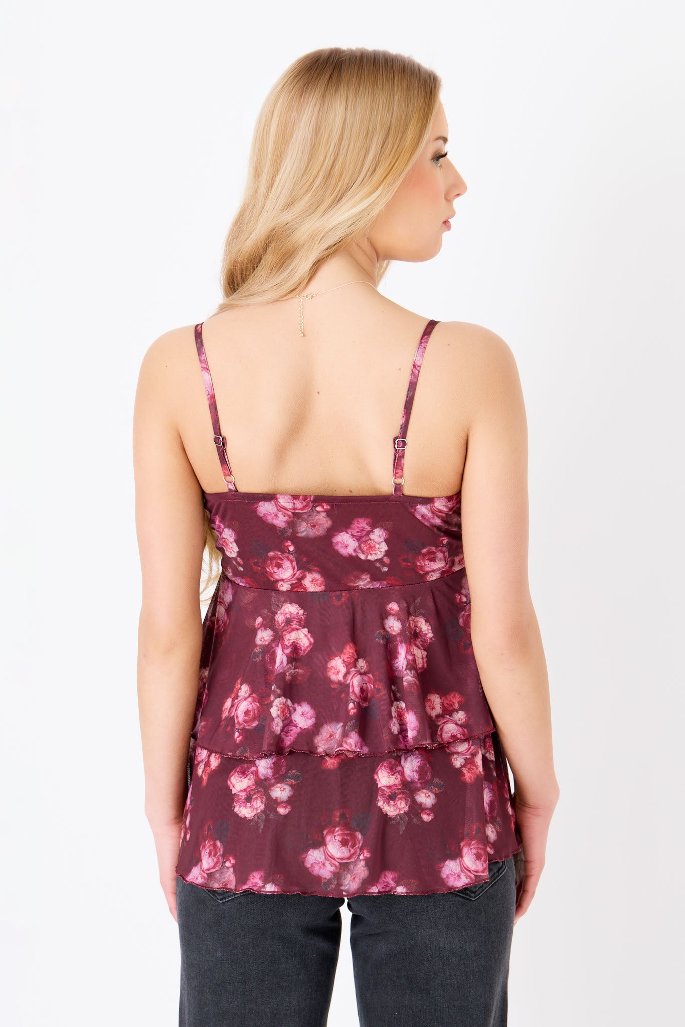Burgundy Combo Floral Mesh Plunge Neck Tiered Babydoll Cami with Lace Trim