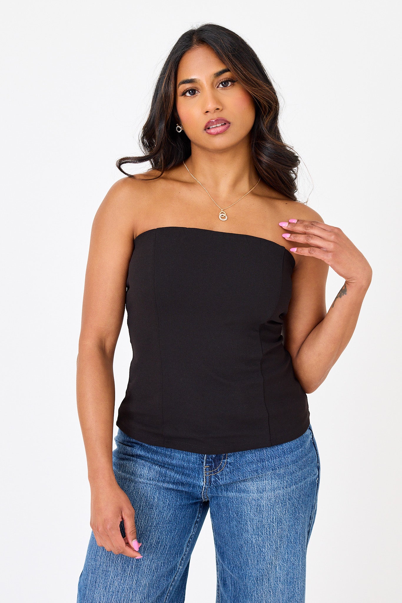 Stretch Crepe Strapless Lace-Up Top