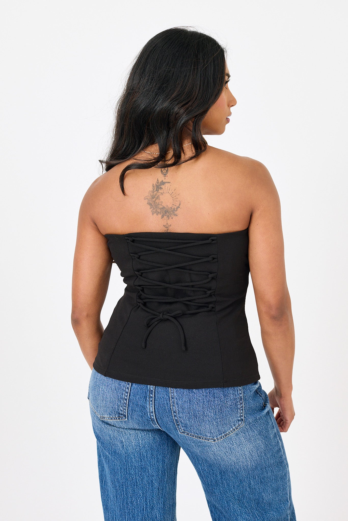 Stretch Crepe Strapless Lace-Up Top
